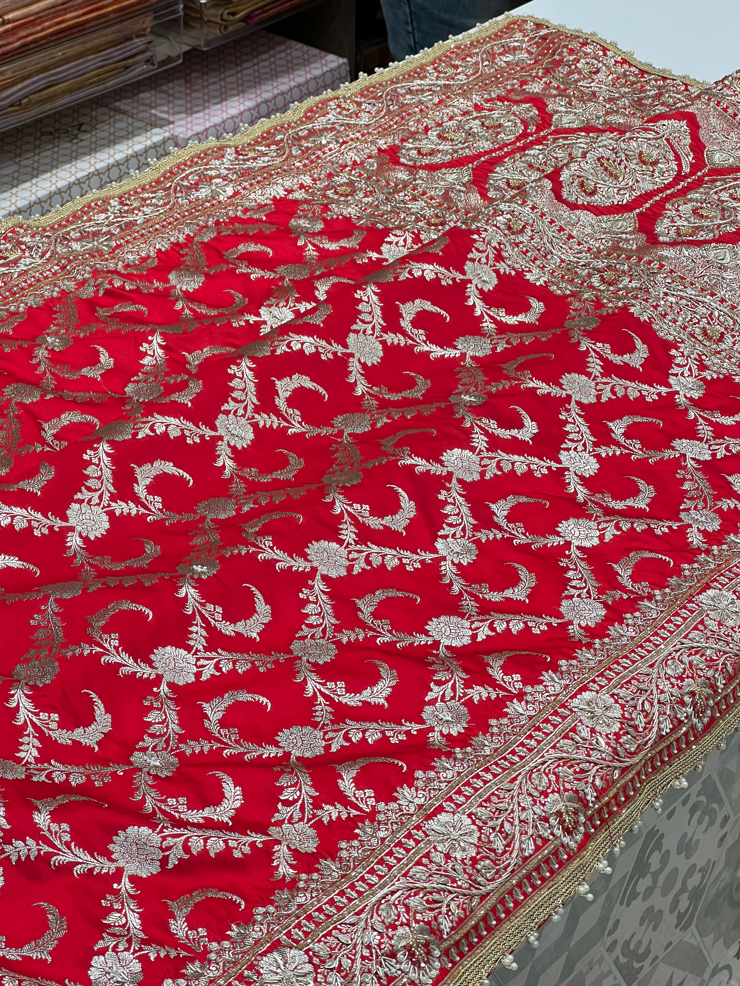 Red Banarasi Silk Sliver Jaal Hand Embroidery Saree