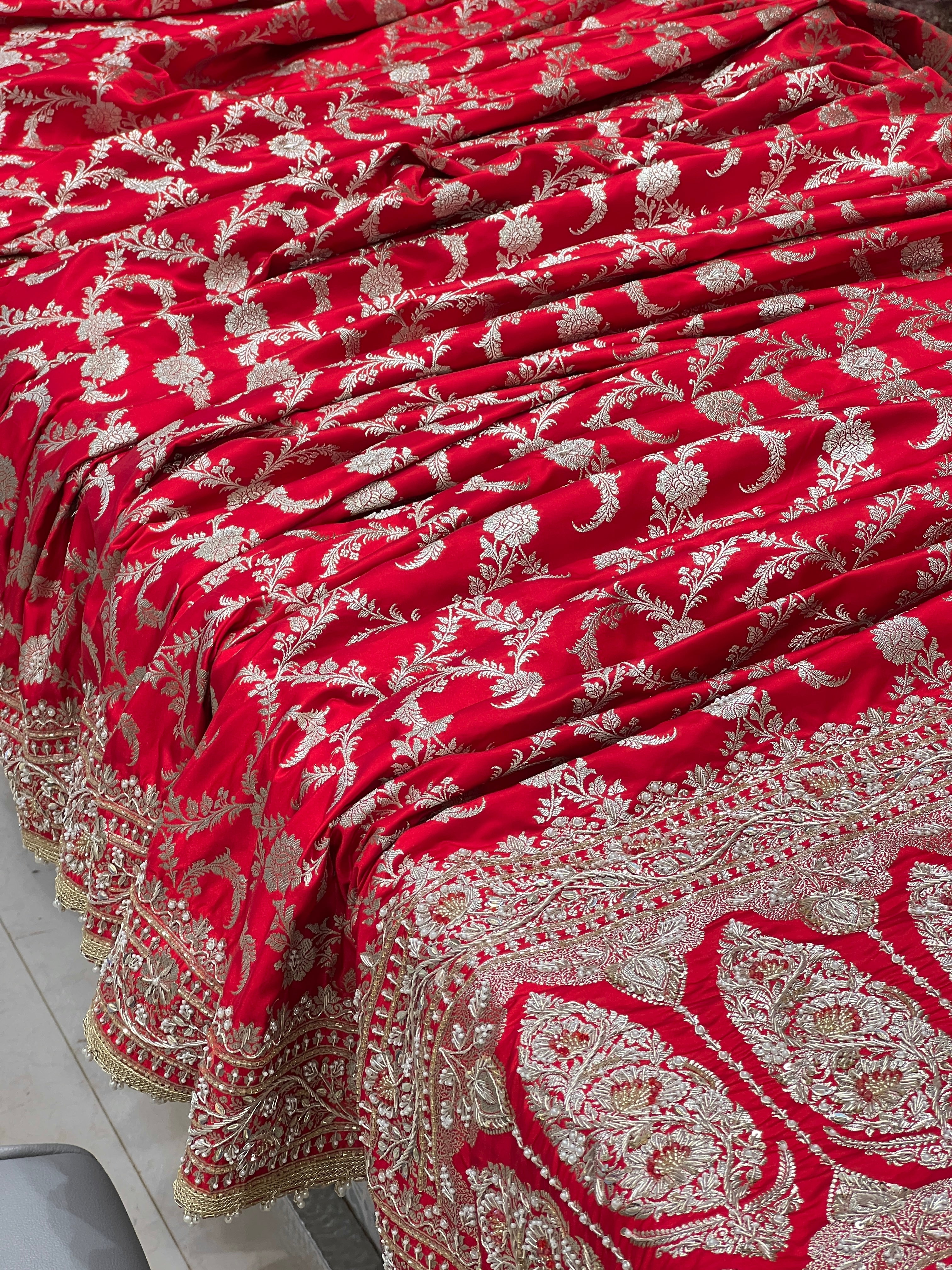 Red Banarasi Silk Sliver Jaal Hand Embroidery Saree