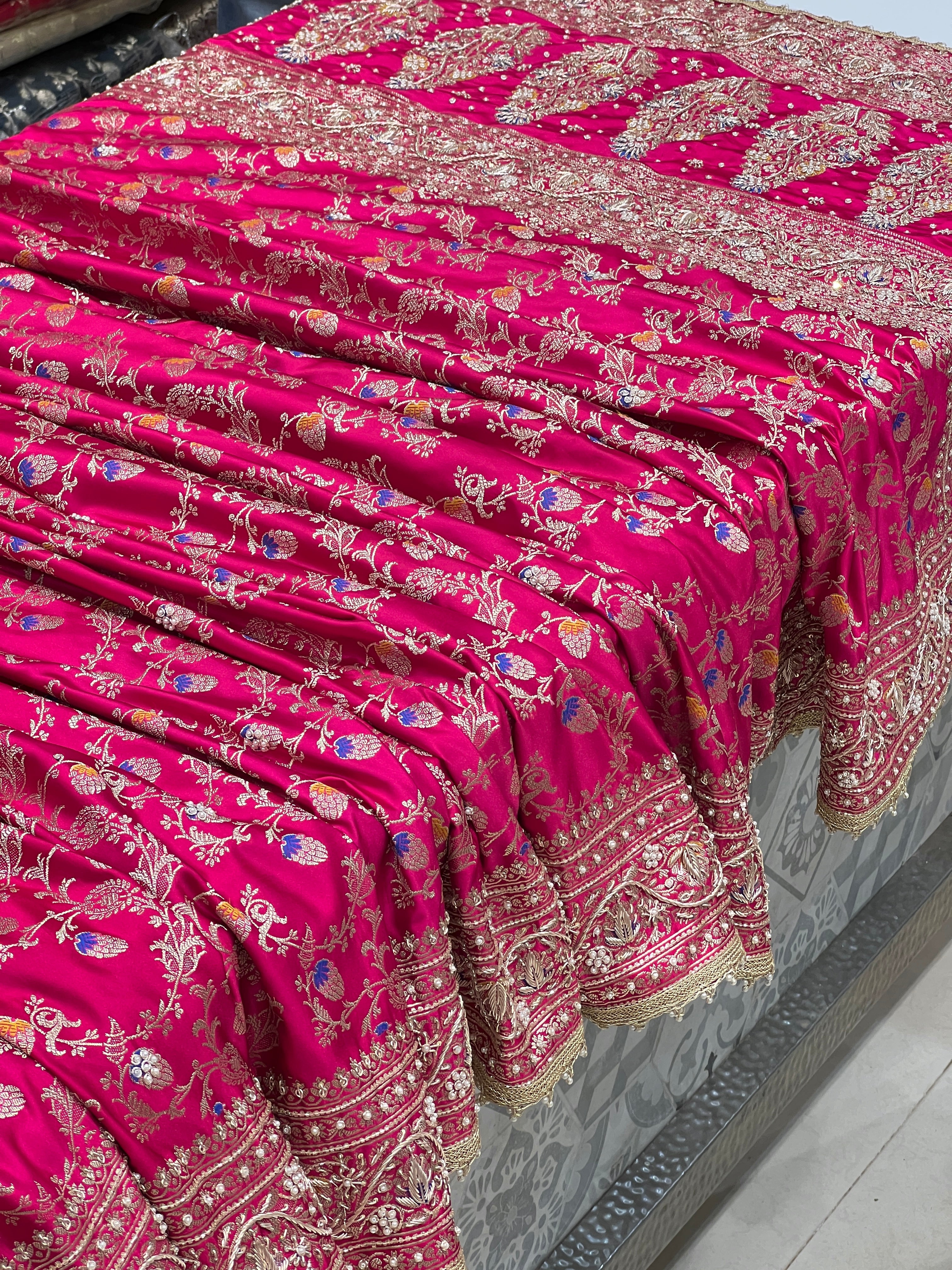 Rani Banarasi Silk Meena Jaal Zardozi Hand Embroidery Saree