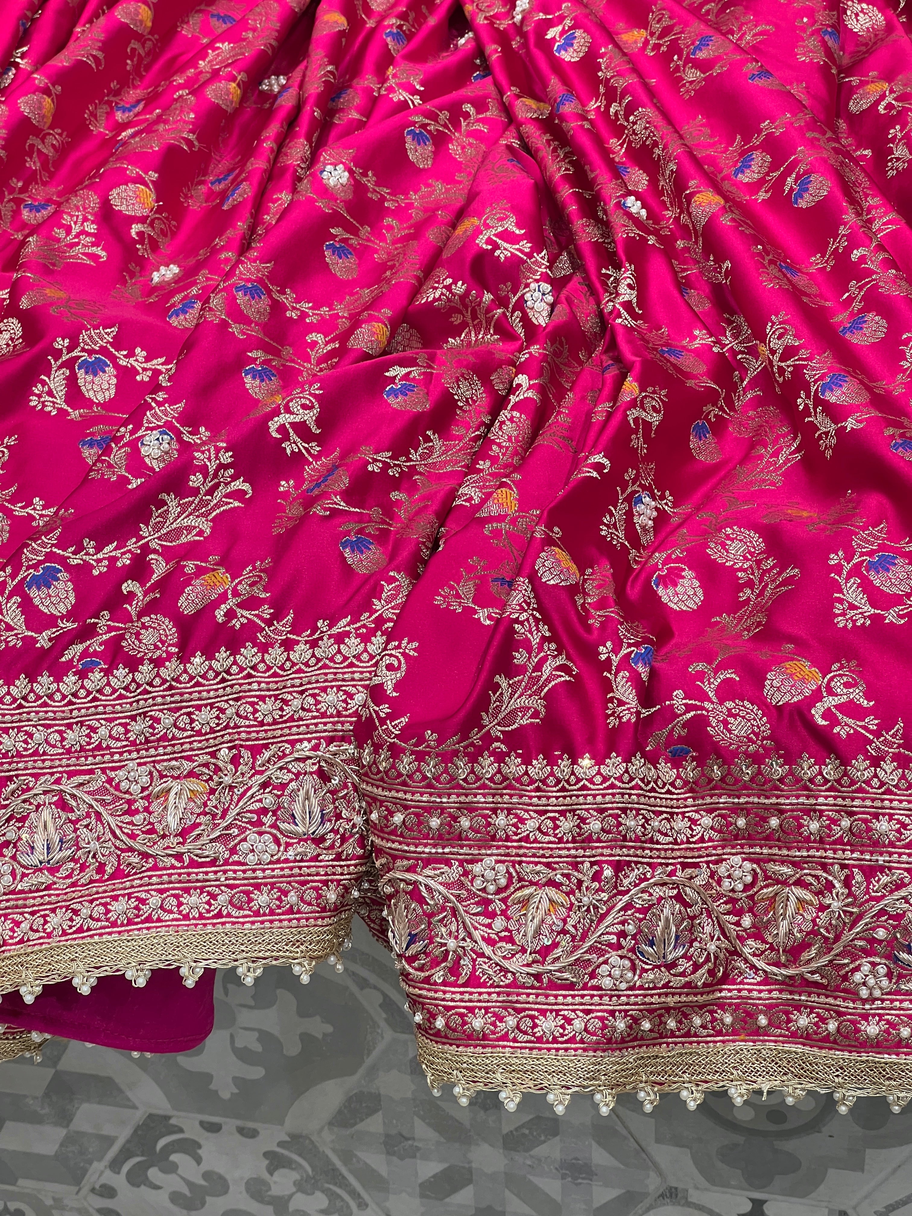 Rani Banarasi Silk Meena Jaal Zardozi Hand Embroidery Saree