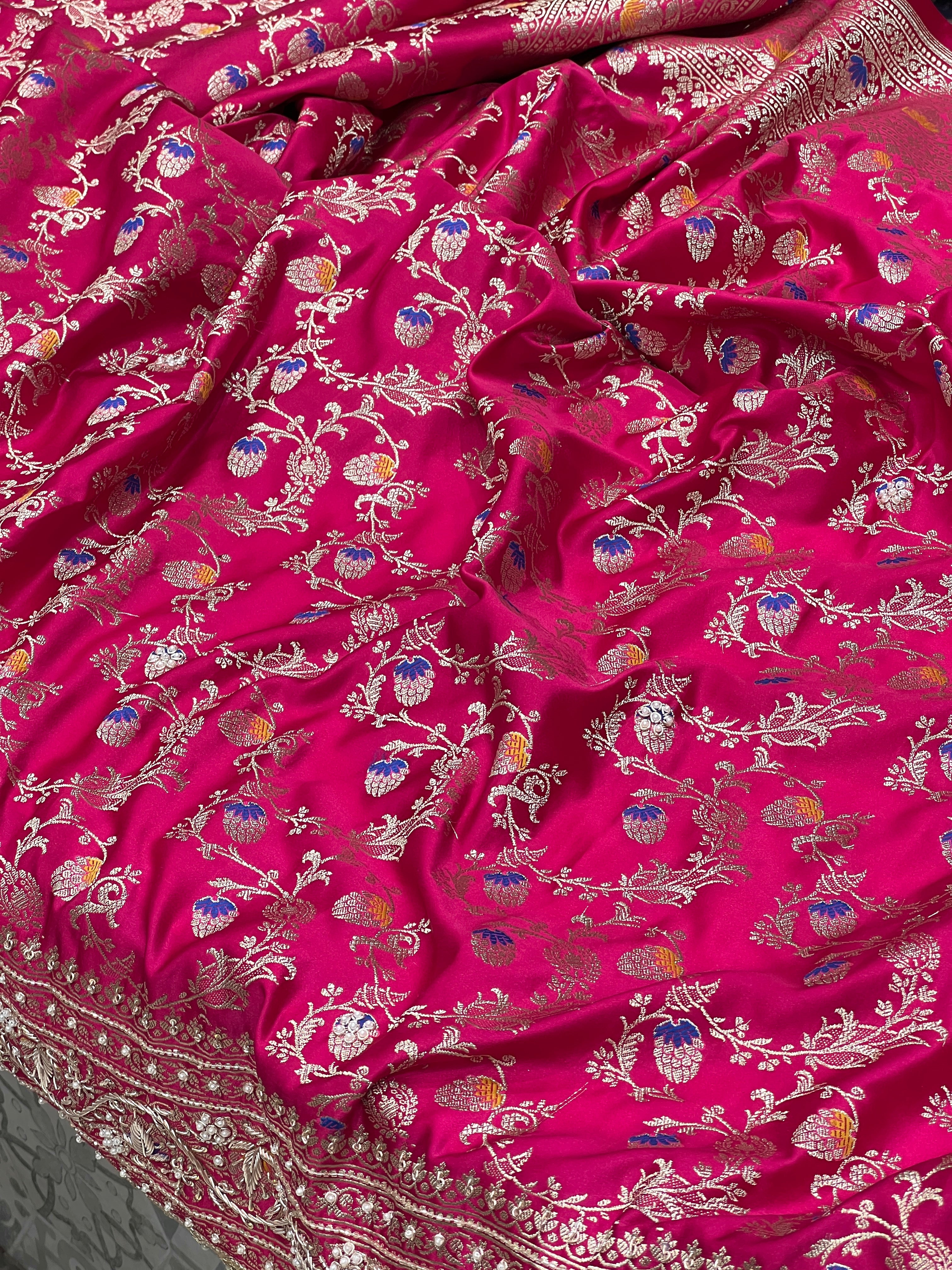 Rani Banarasi Silk Meena Jaal Zardozi Hand Embroidery Saree