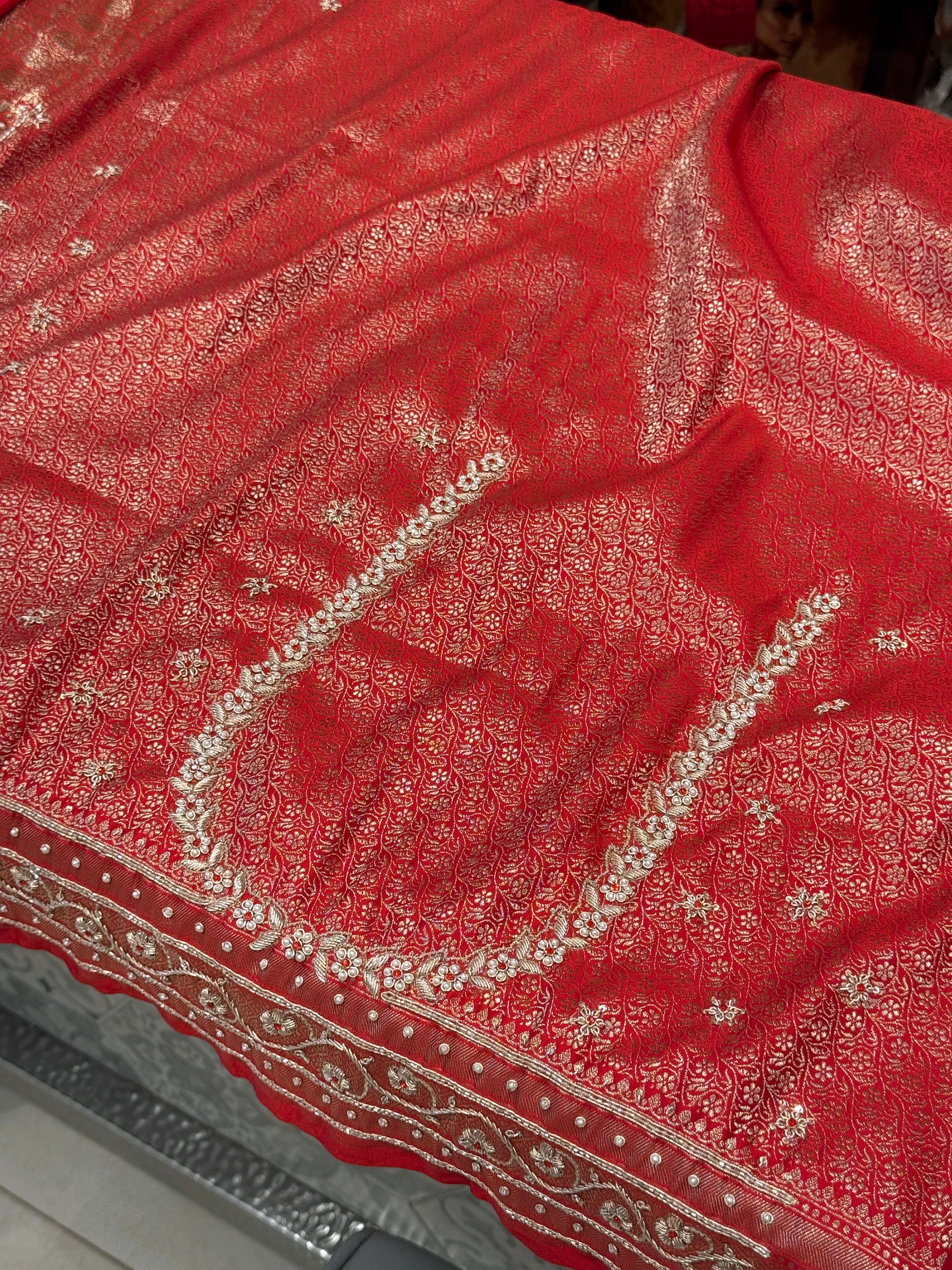Red Banarasi Sunflower Butti Hand Done Zardozi Saree