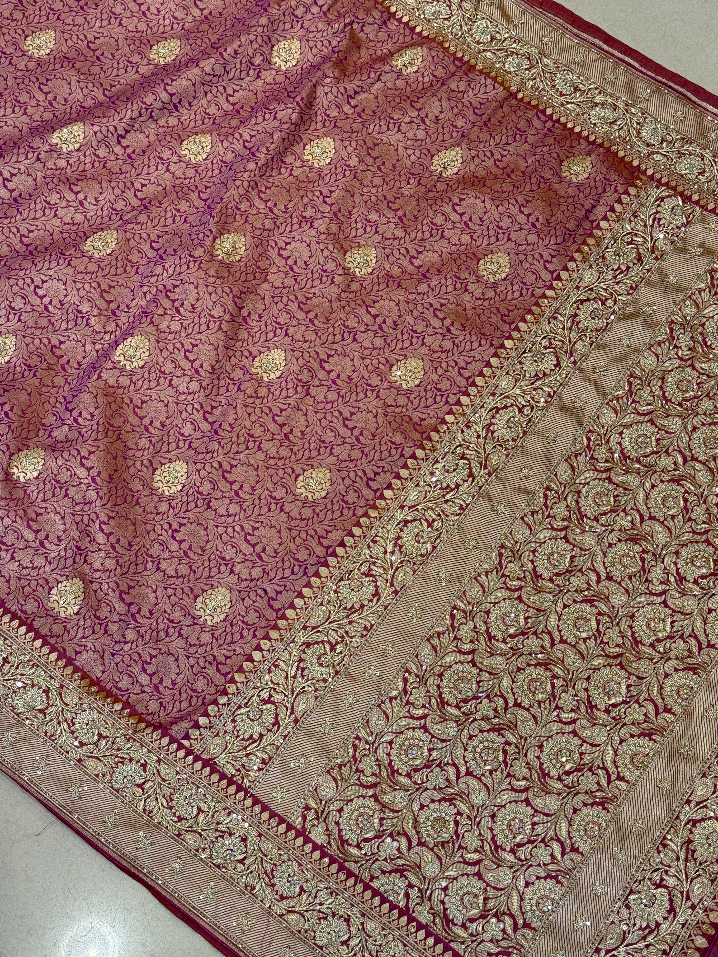 Wine Golden Banarasi Dhup Chav Hand Embroidery Saree