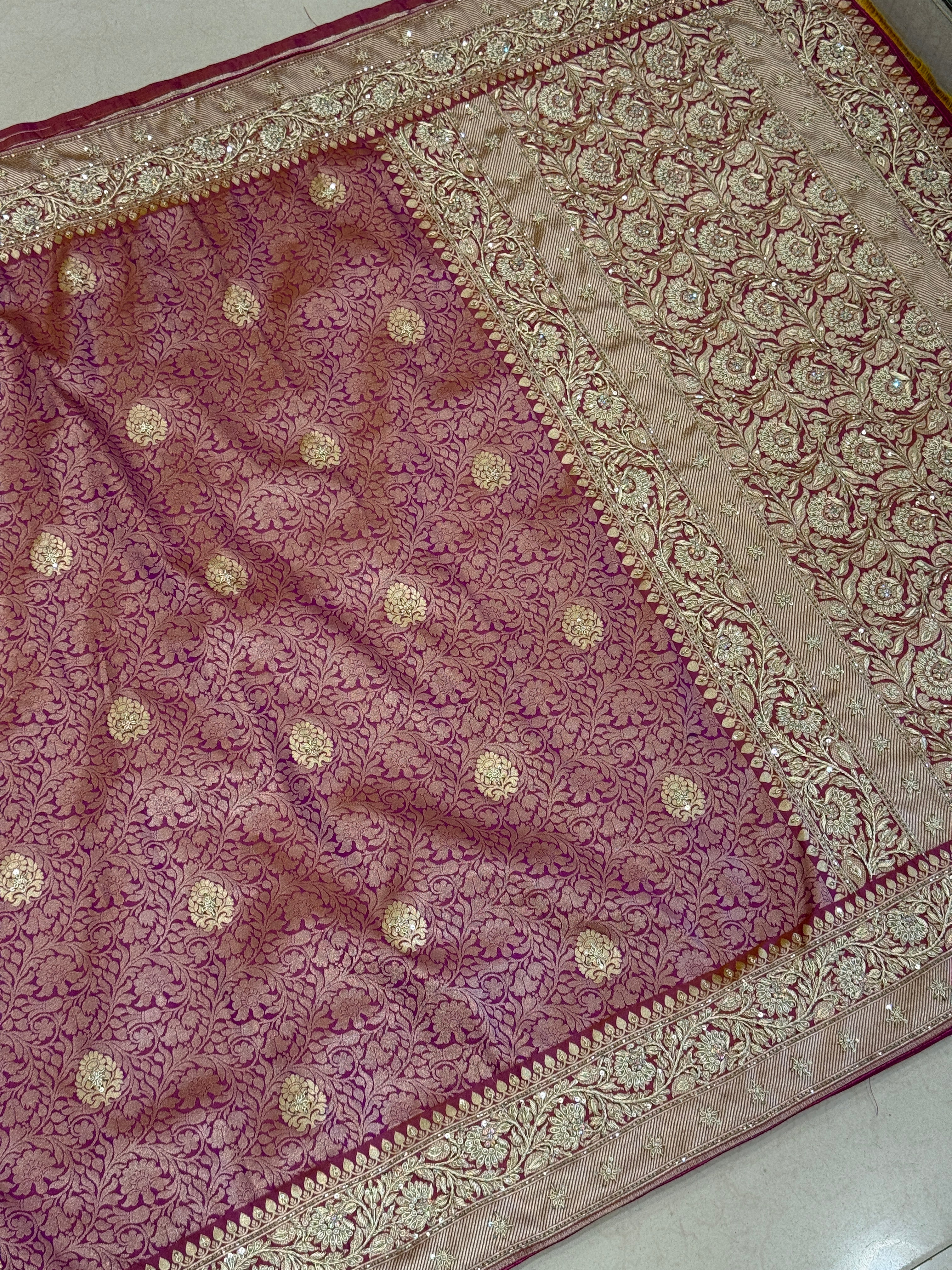 Wine Golden Banarasi Dhup Chav Hand Embroidery Saree