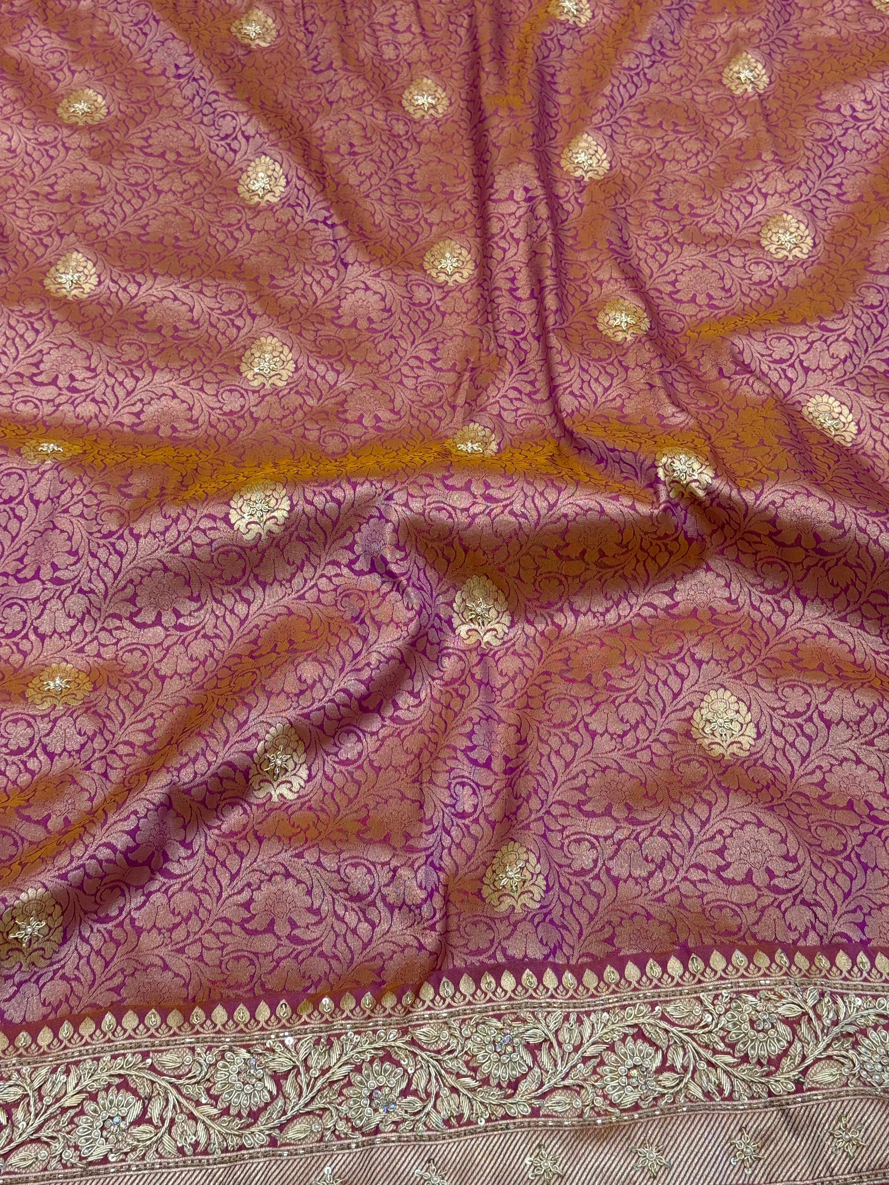 Wine Golden Banarasi Dhup Chav Hand Embroidery Saree