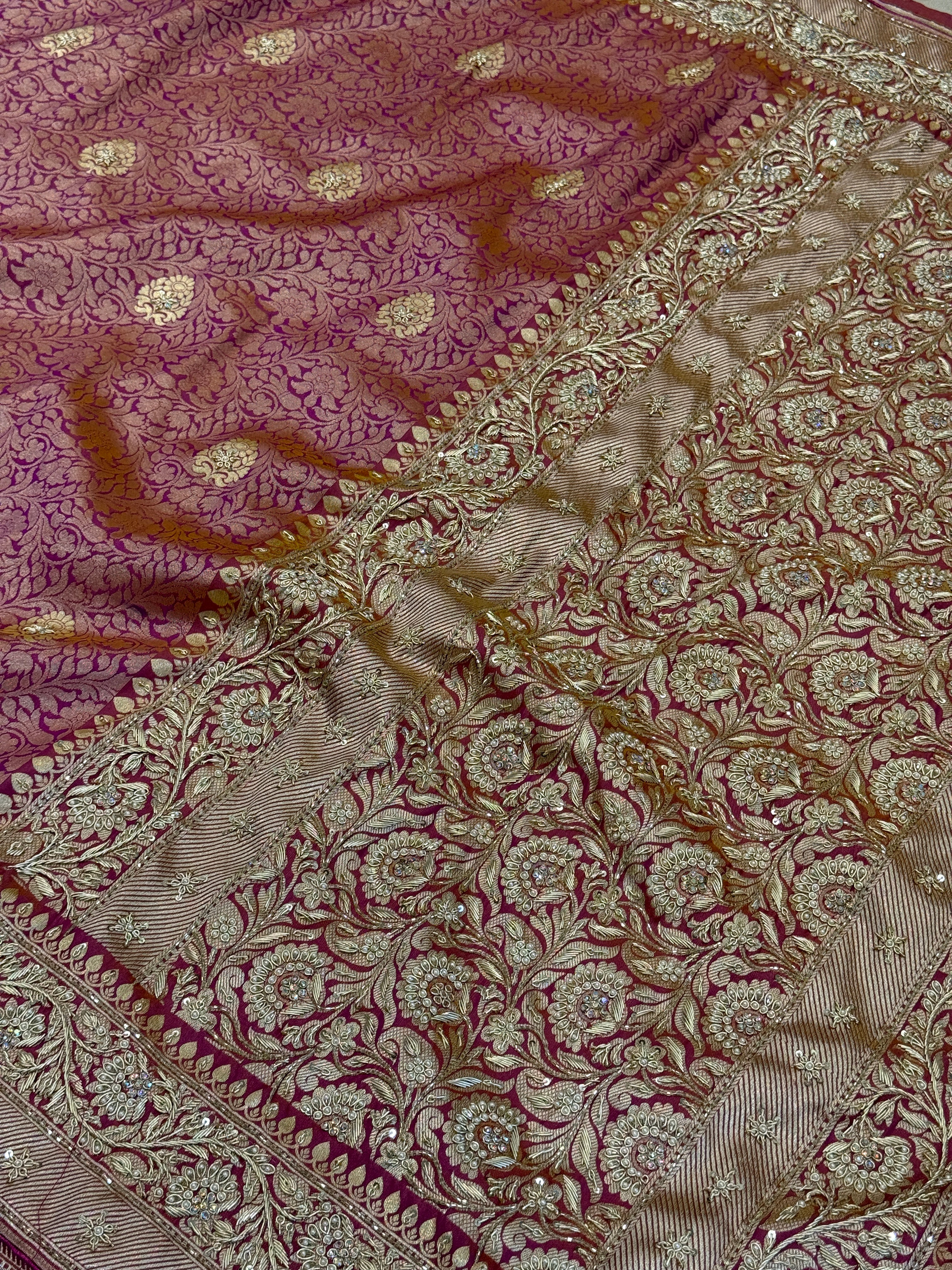 Wine Golden Banarasi Dhup Chav Hand Embroidery Saree