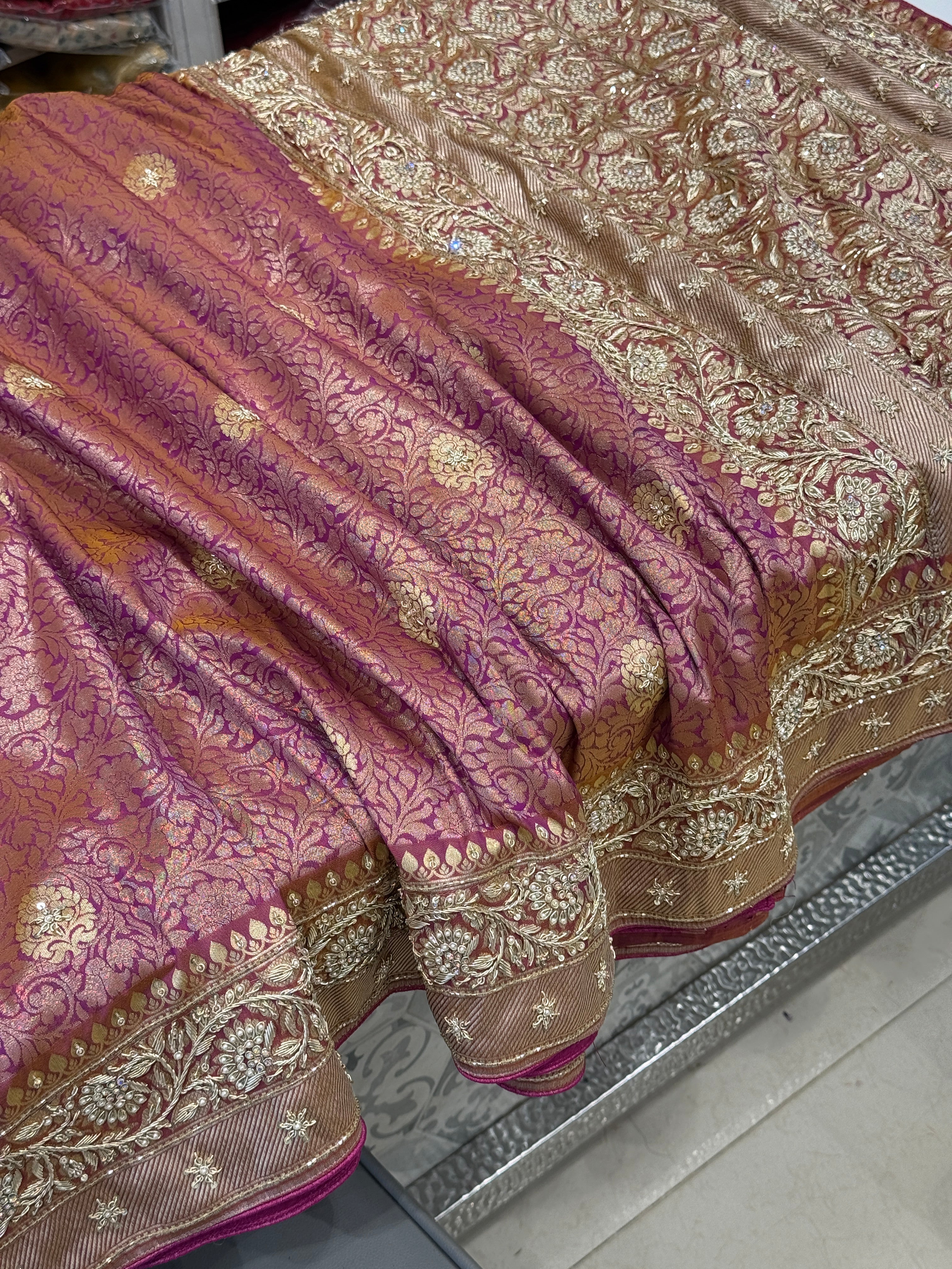 Wine Golden Banarasi Dhup Chav Hand Embroidery Saree