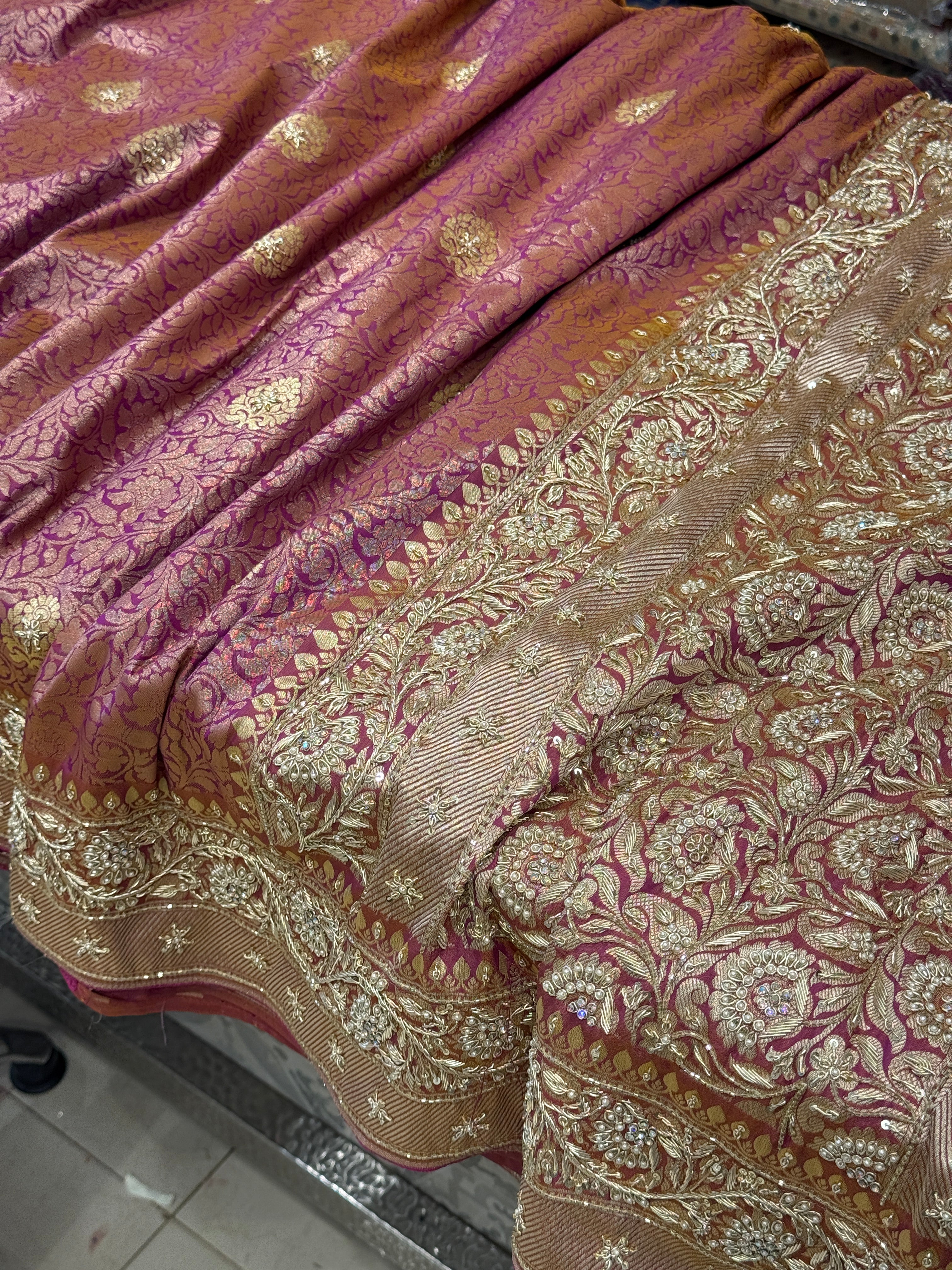 Wine Golden Banarasi Dhup Chav Hand Embroidery Saree