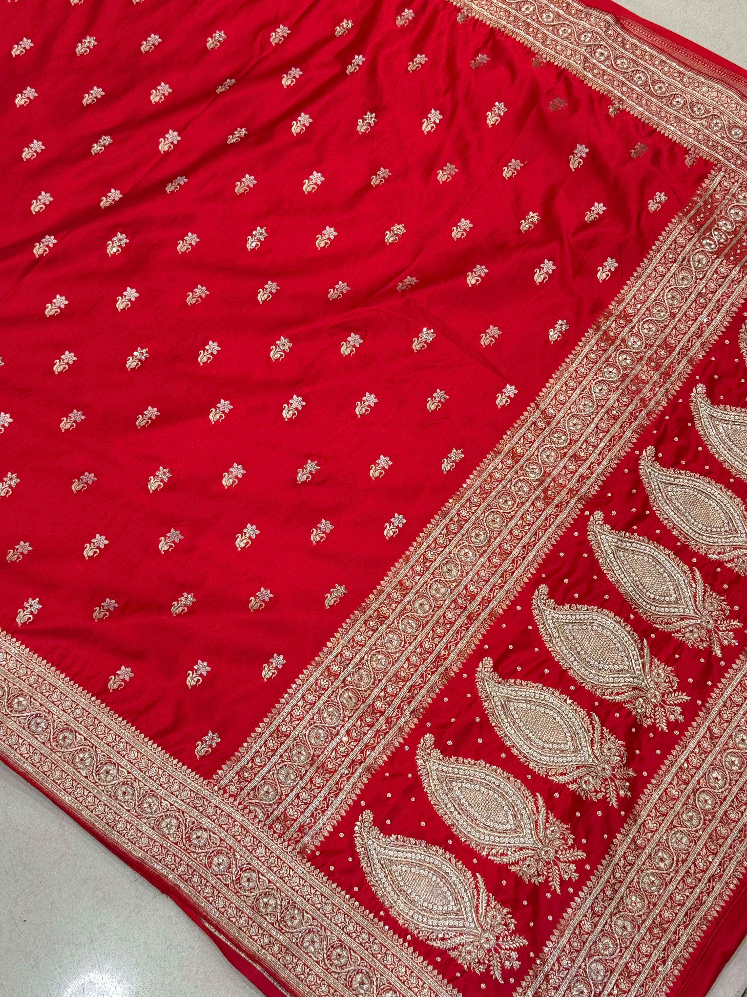 Red Banarasi Sunflower Butti Hand Done Zardozi Saree