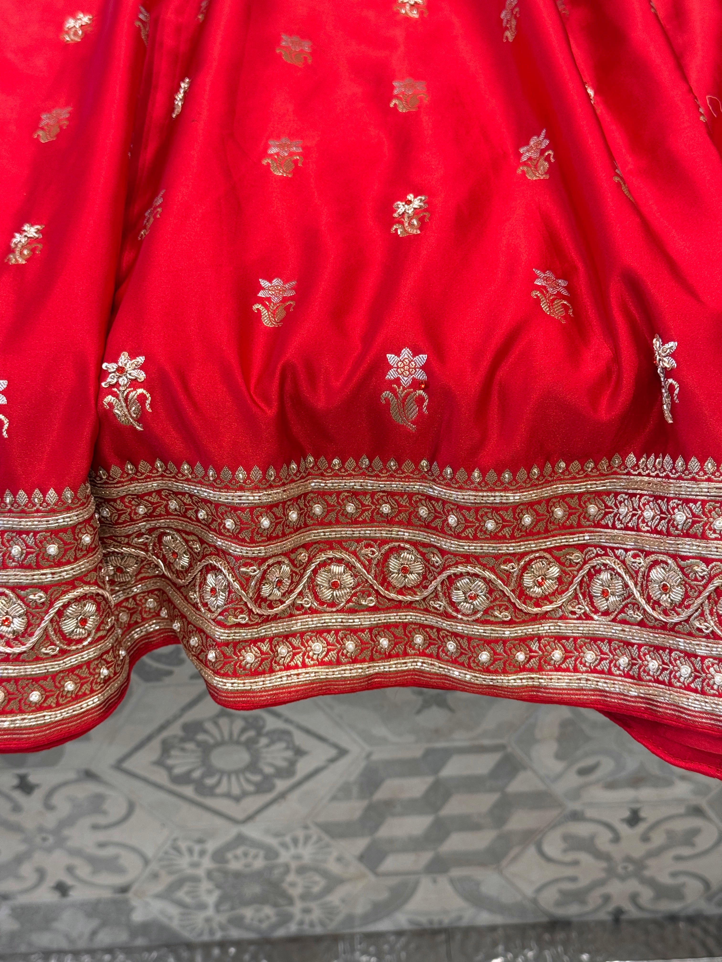 Red Banarasi Sunflower Butti Hand Done Zardozi Saree