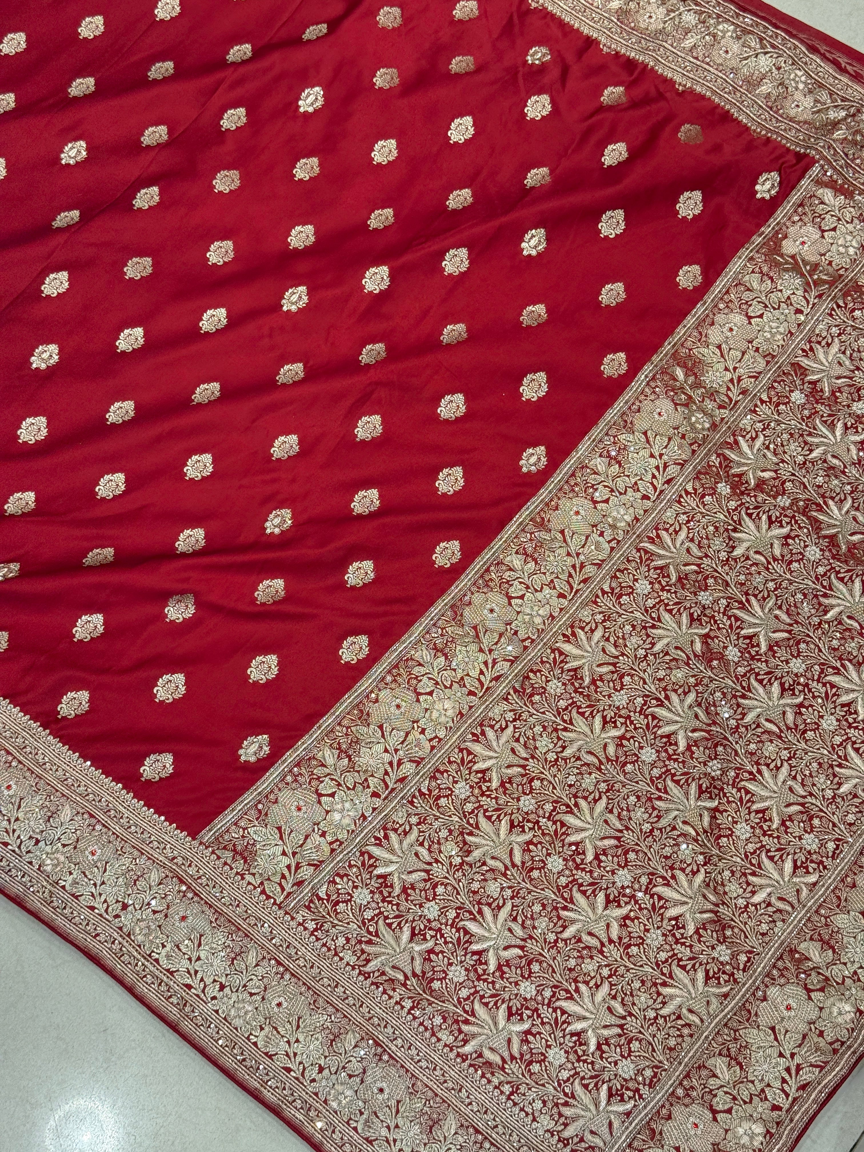 Maroon Banarasi Rose Border Zardozi Hand Embroidery Saree