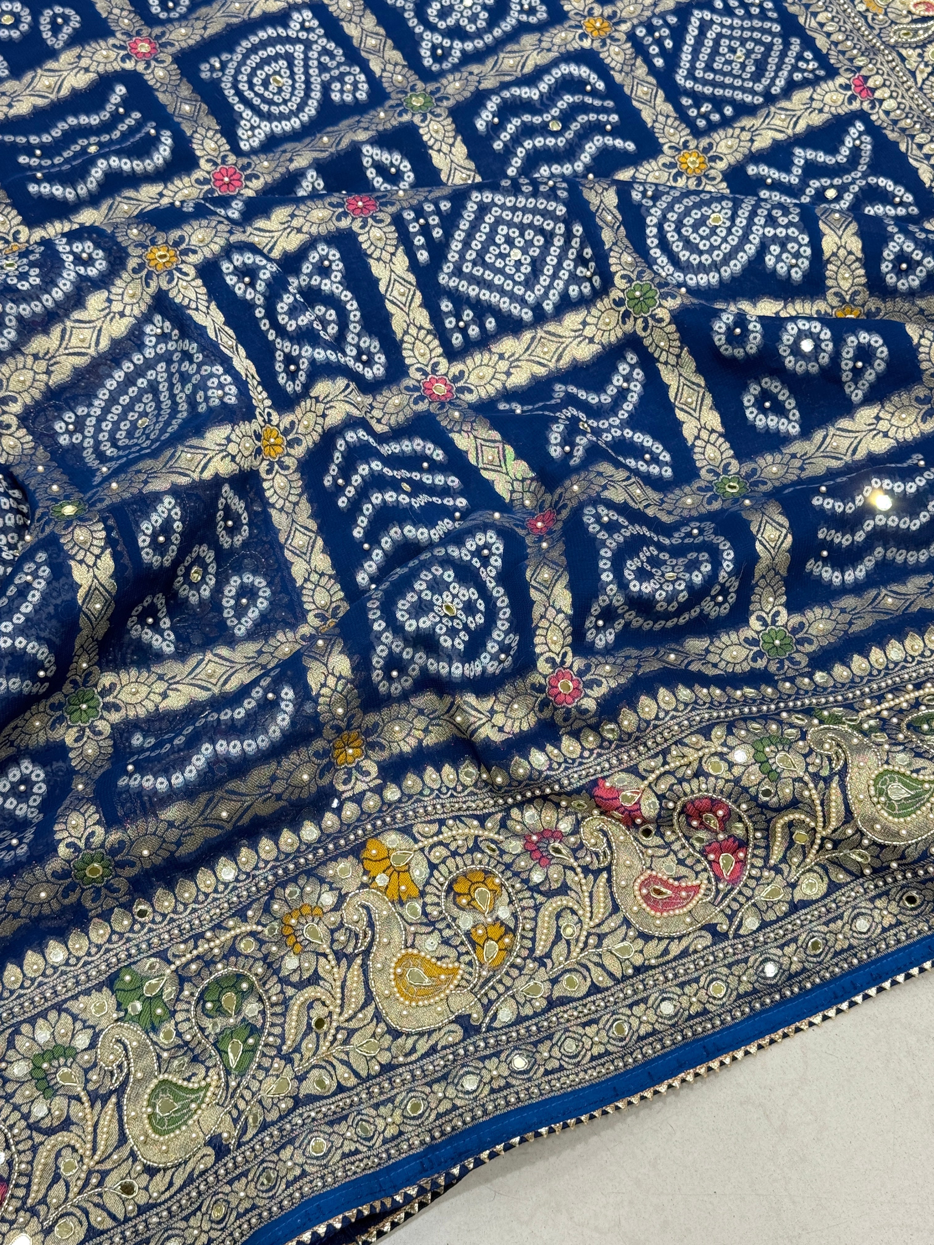 Blue Georgette Gharchola Moti Hand Embroidery Saree