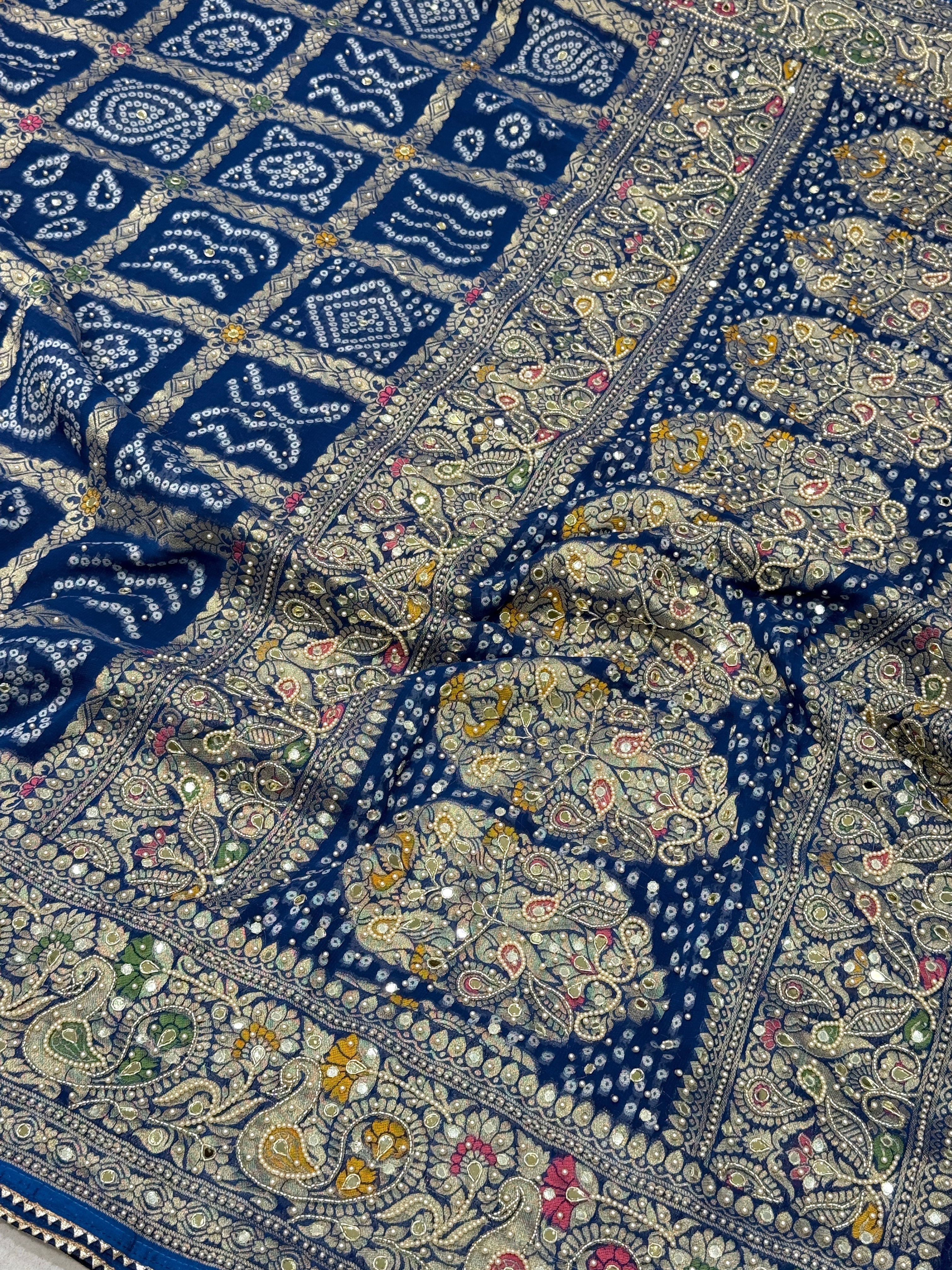 Blue Georgette Gharchola Moti Hand Embroidery Saree