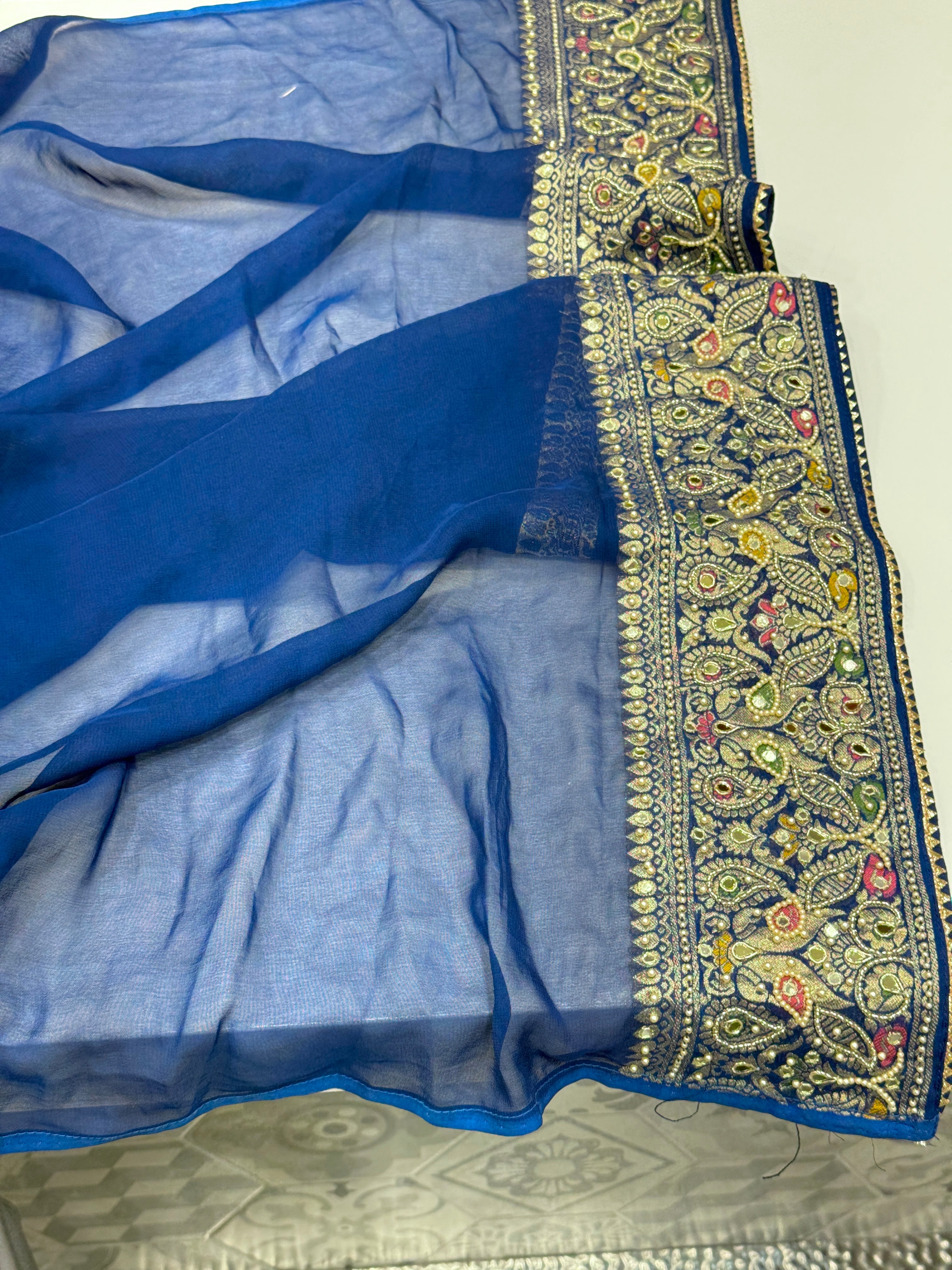 Blue Georgette Gharchola Moti Hand Embroidery Saree