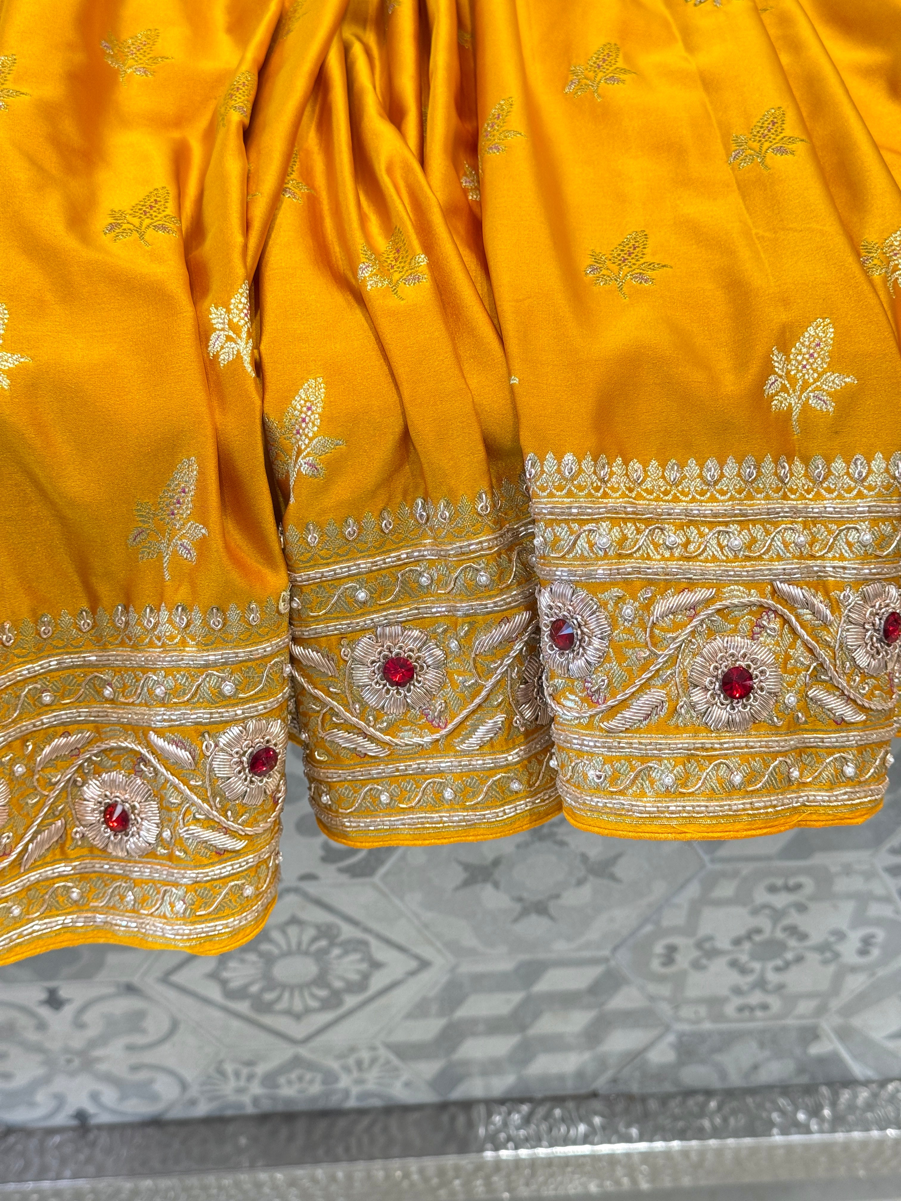 Mustard Yellow Banarasi Silk Zardozi Crystal Saree