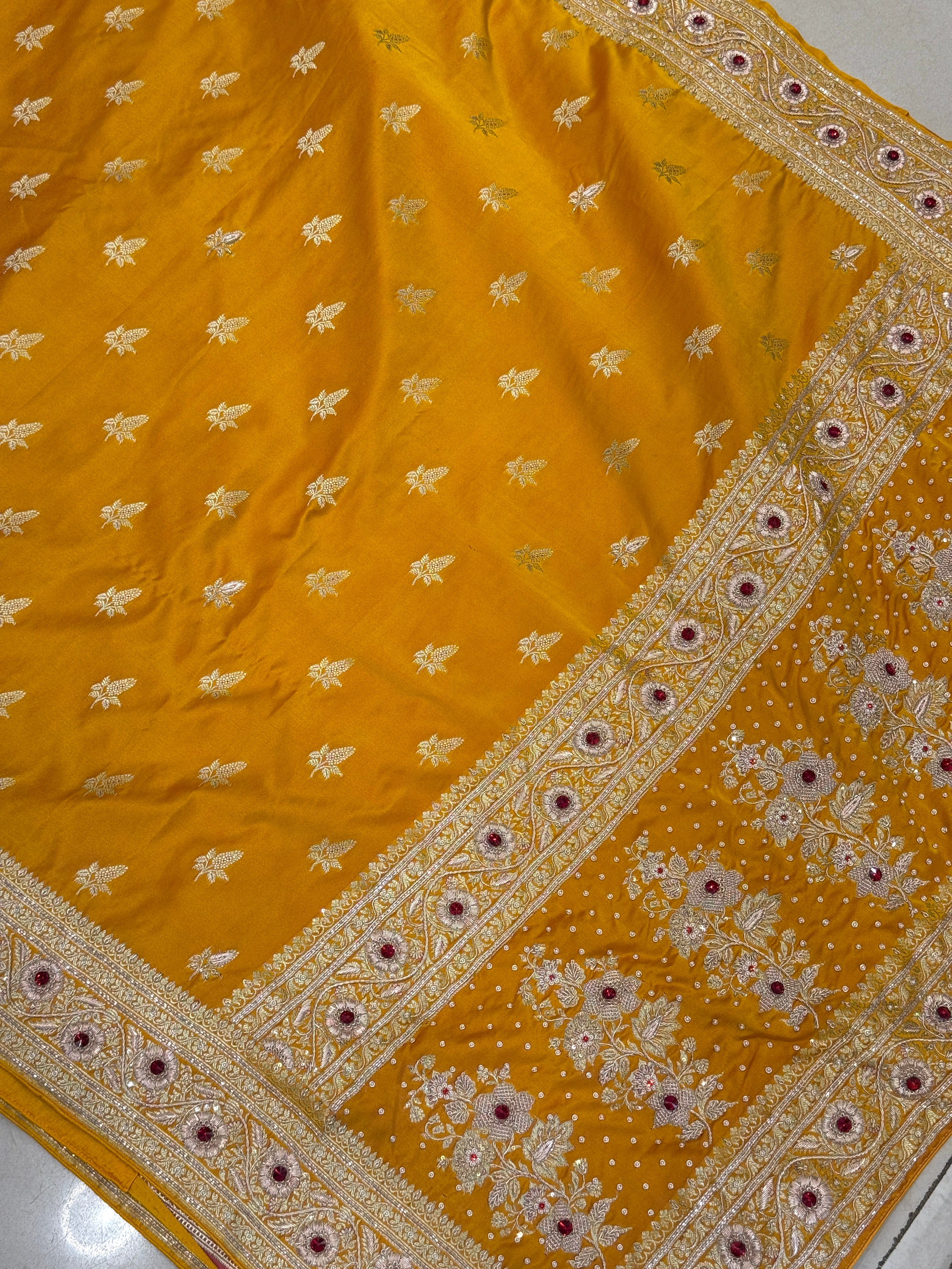 Mustard Yellow Banarasi Silk Zardozi Crystal Saree