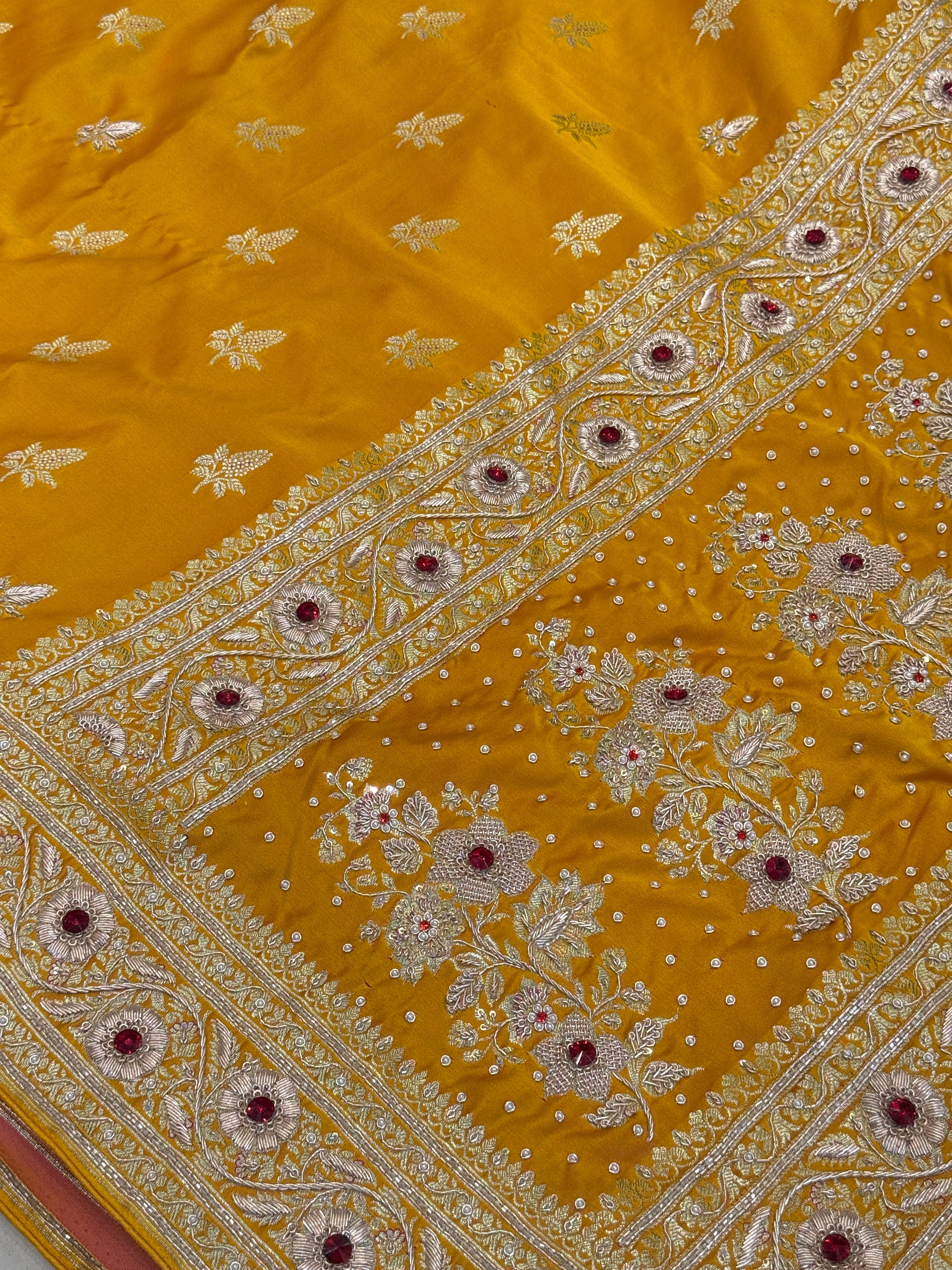 Mustard Yellow Banarasi Silk Zardozi Crystal Saree