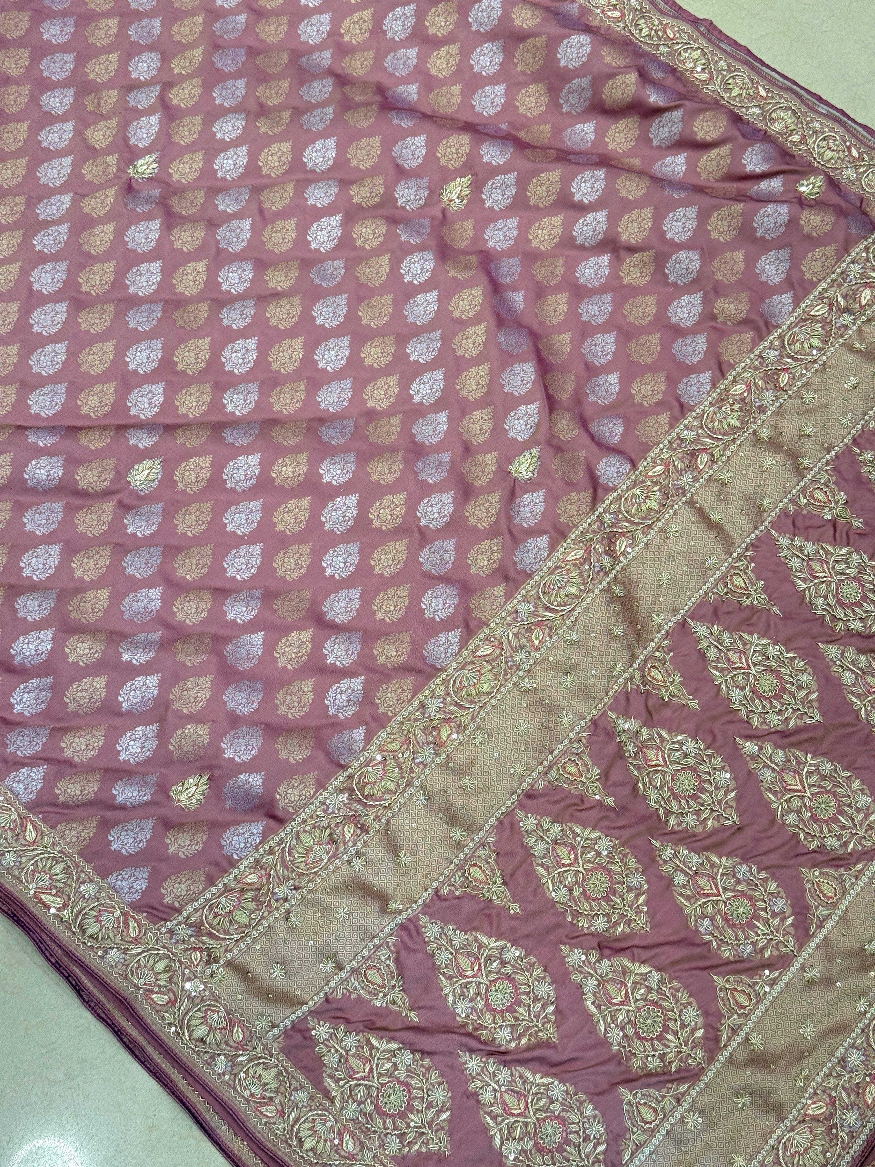 Opera Mauve Banarasi Silk Zardozi Hand Embroidery Saree
