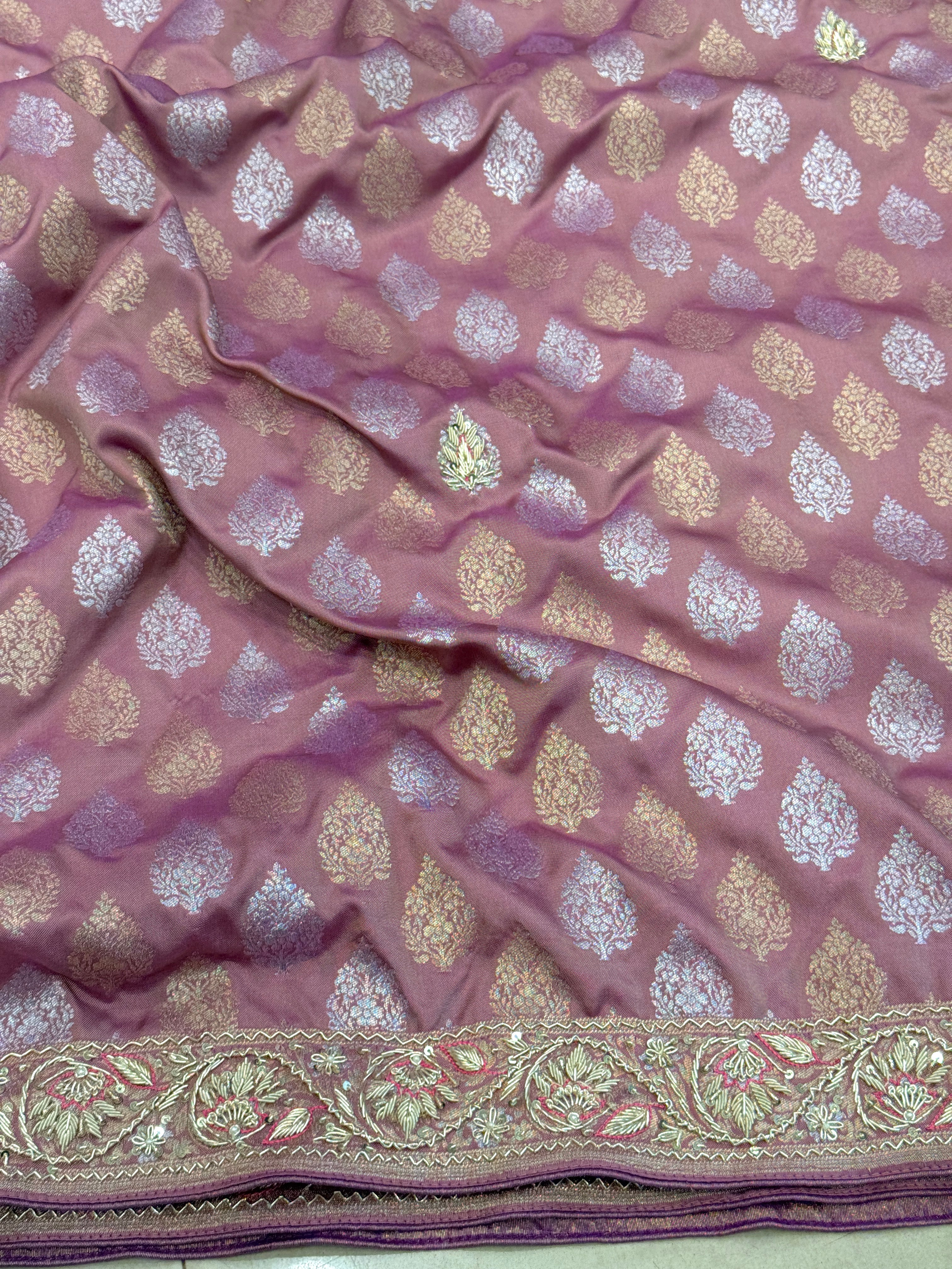 Opera Mauve Banarasi Silk Zardozi Hand Embroidery Saree