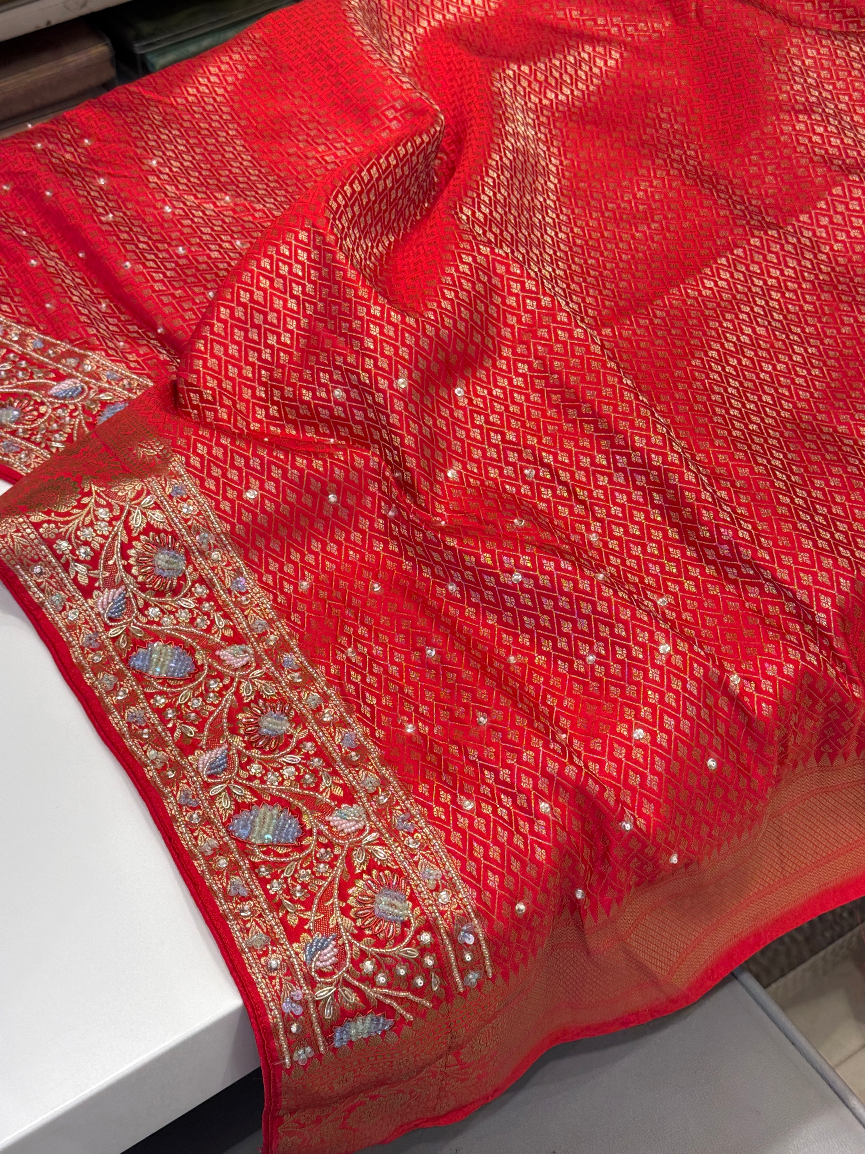 Red Banarasi Upside Down Border Fancy Embroidery Saree