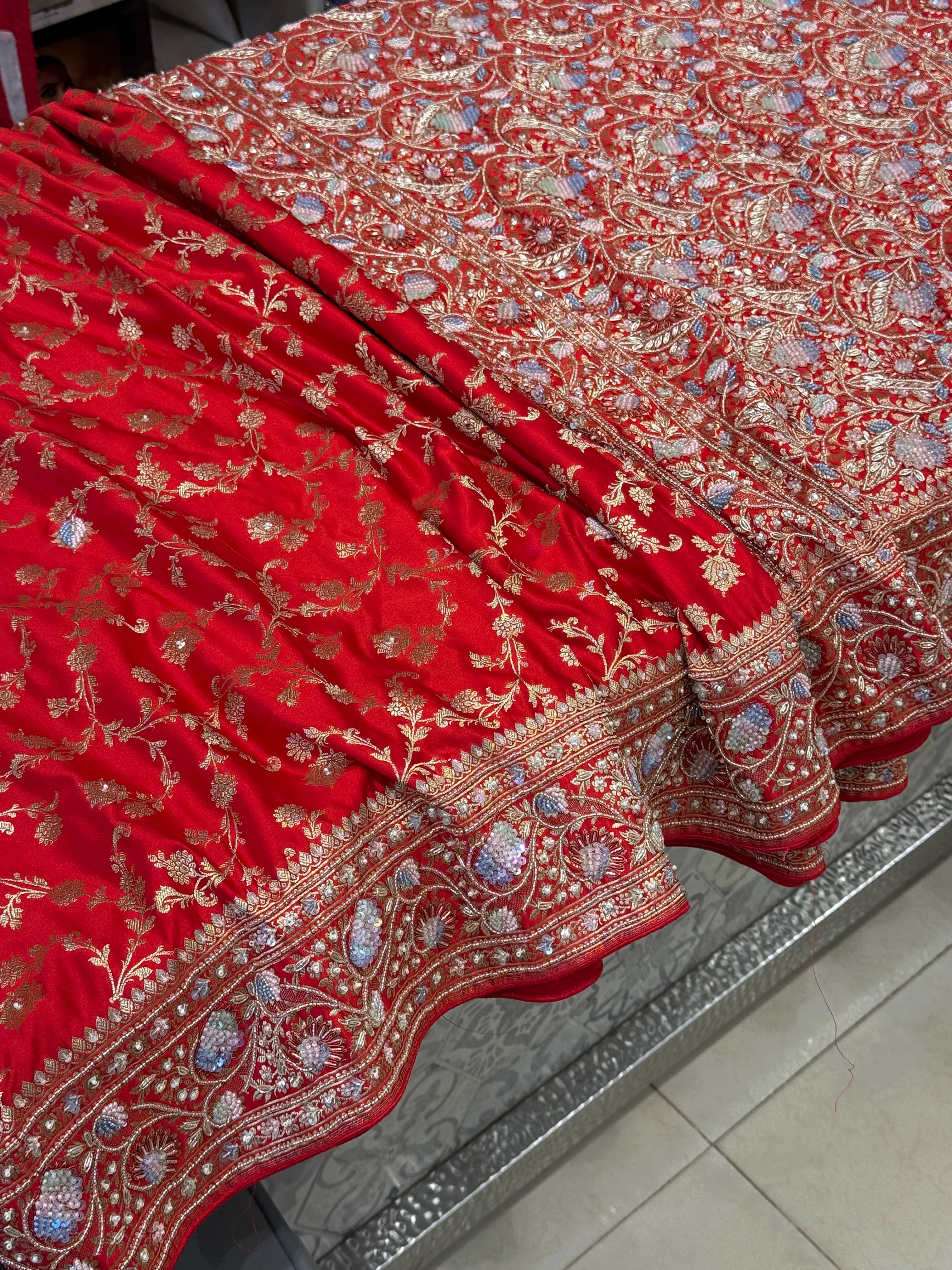 Red Banarasi Upside Down Border Fancy Embroidery Saree