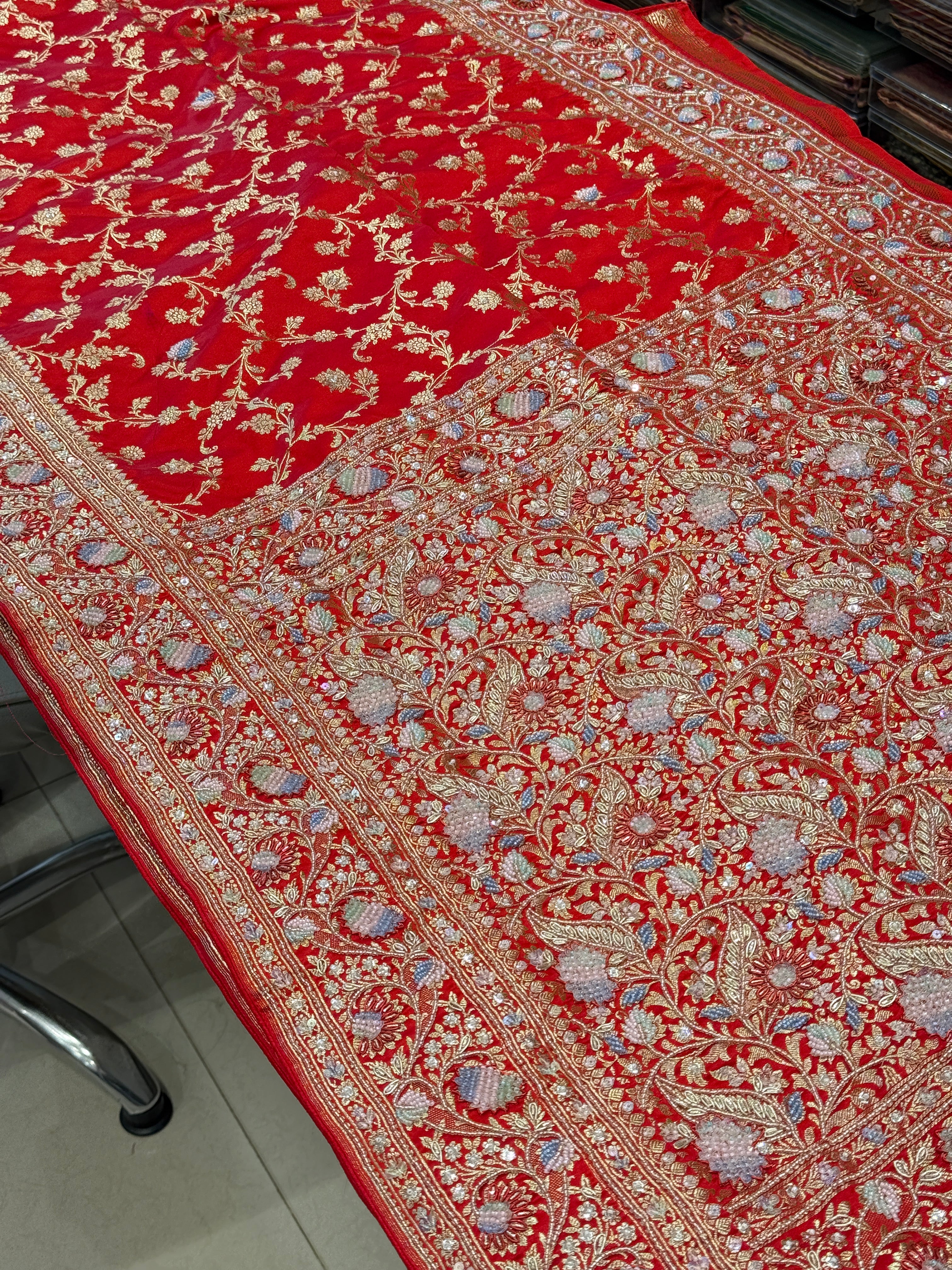 Red Banarasi Upside Down Border Fancy Embroidery Saree