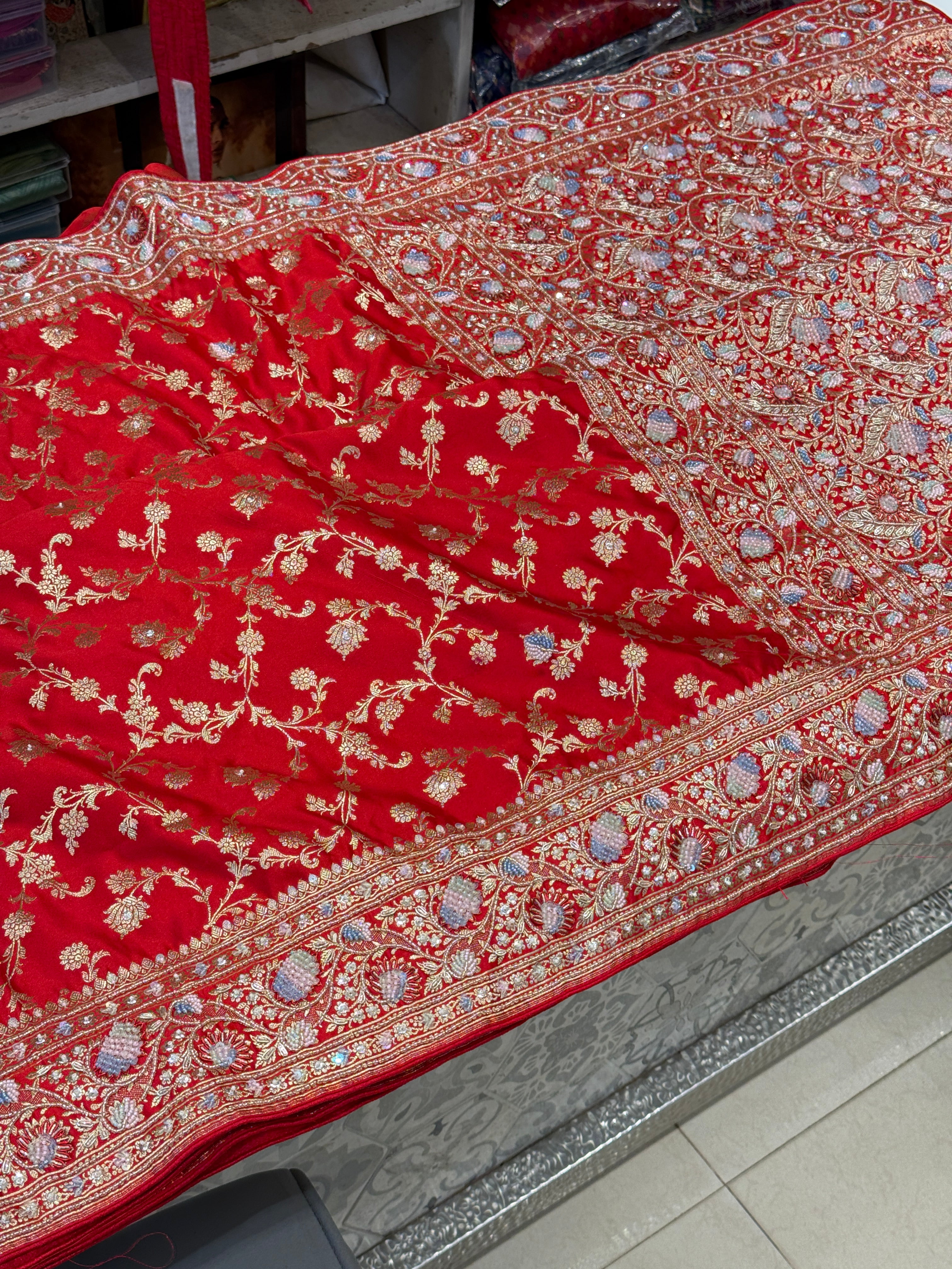 Red Banarasi Upside Down Border Fancy Embroidery Saree