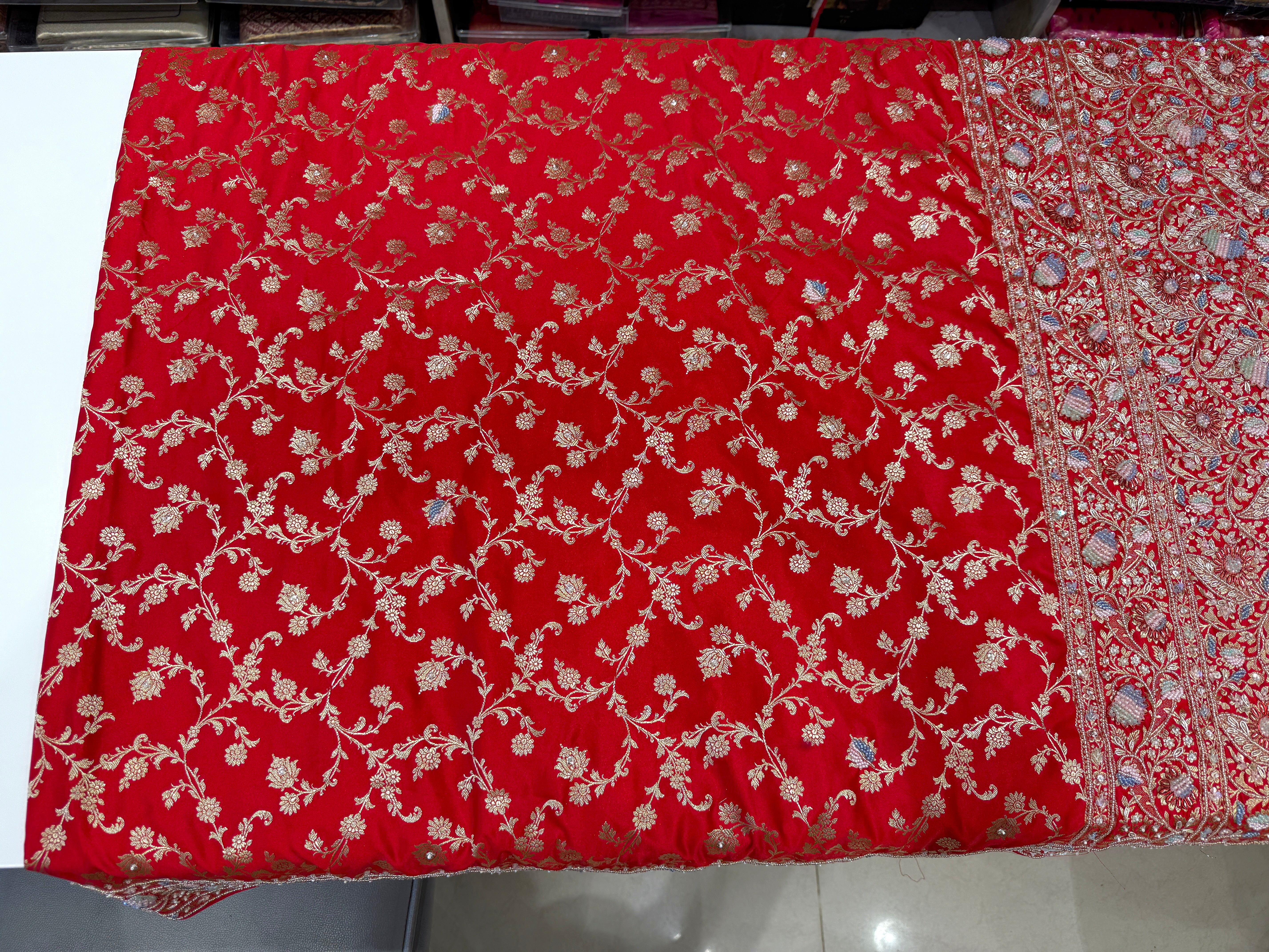 Red Banarasi Upside Down Border Fancy Embroidery Saree