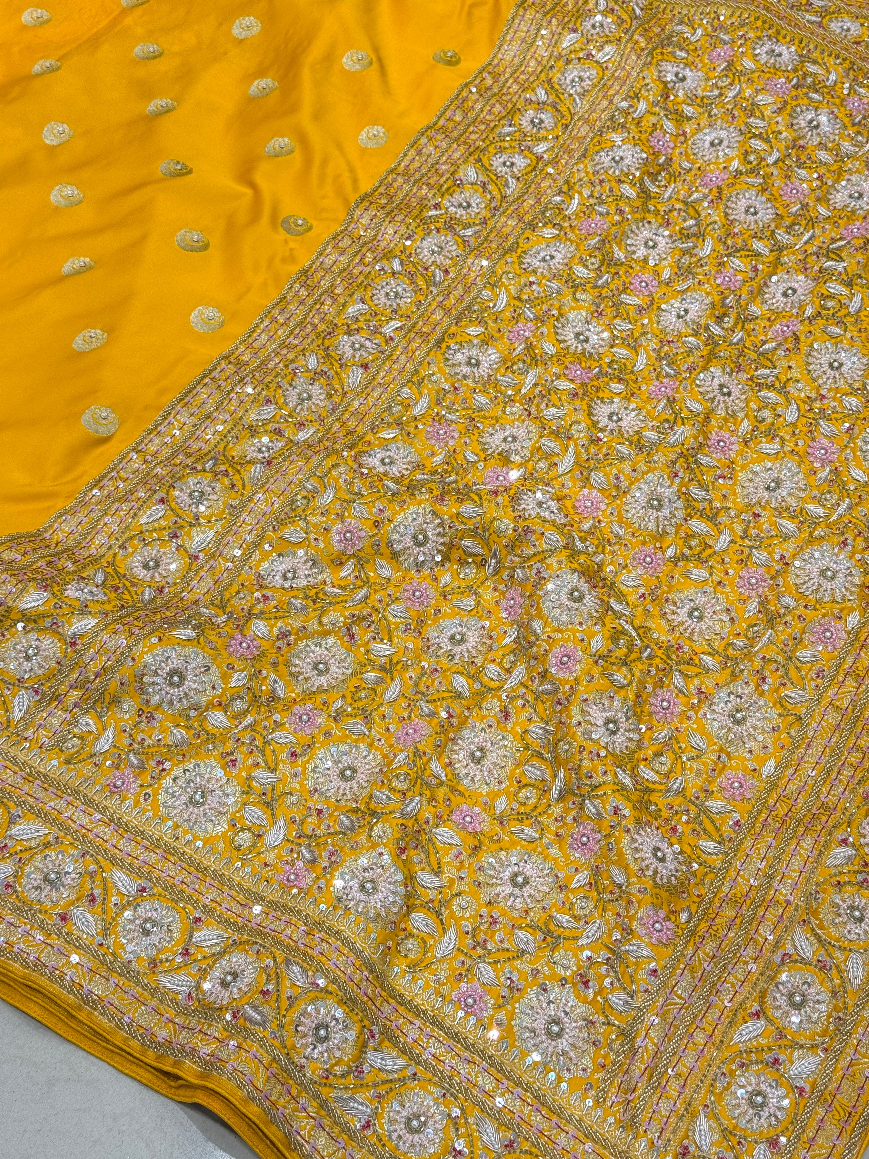 Yellow Banarasi Chand Butti Moti Zardosi Fancy Hand Embroidery Saree