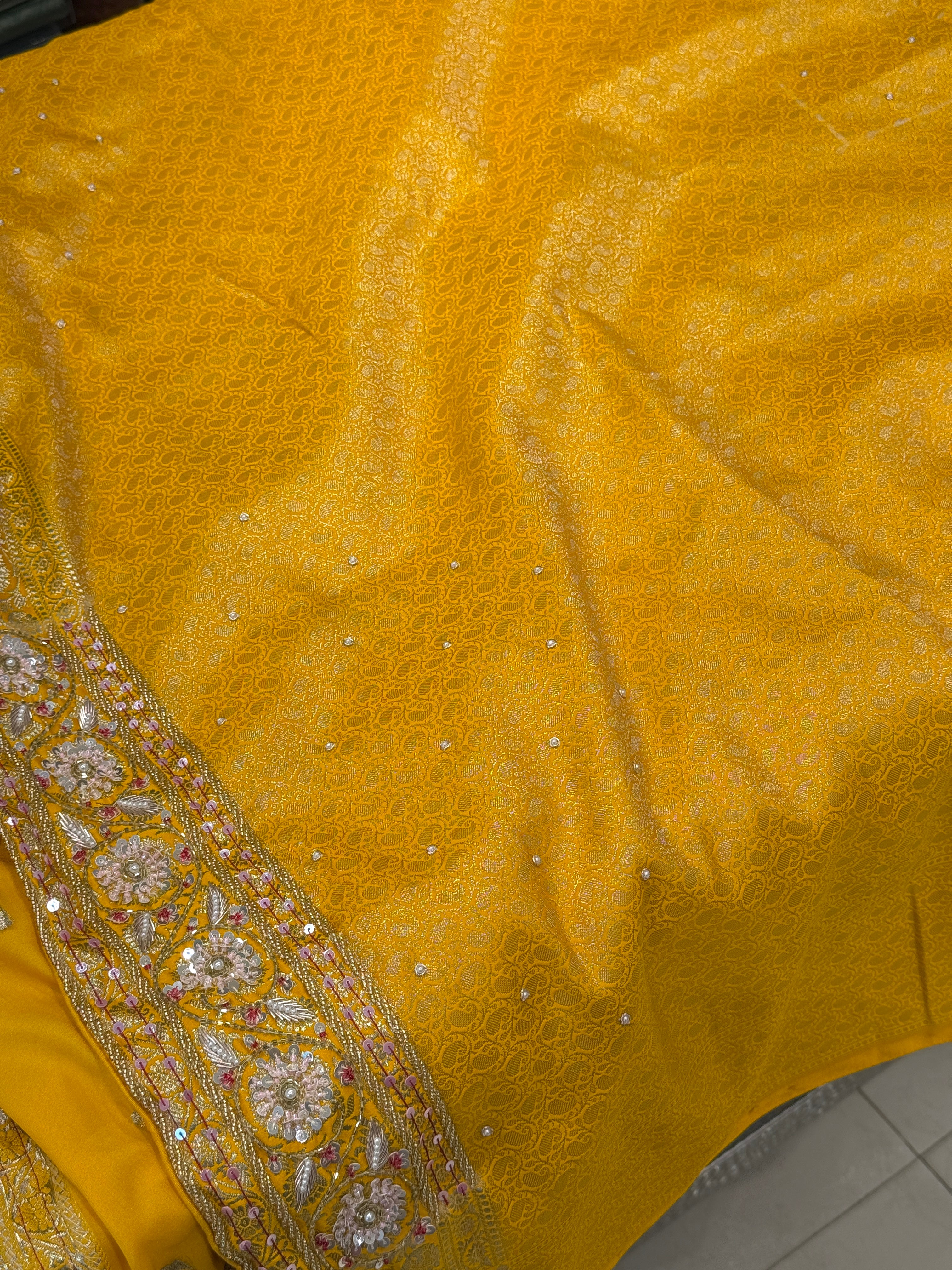 Yellow Banarasi Chand Butti Moti Zardosi Fancy Hand Embroidery Saree