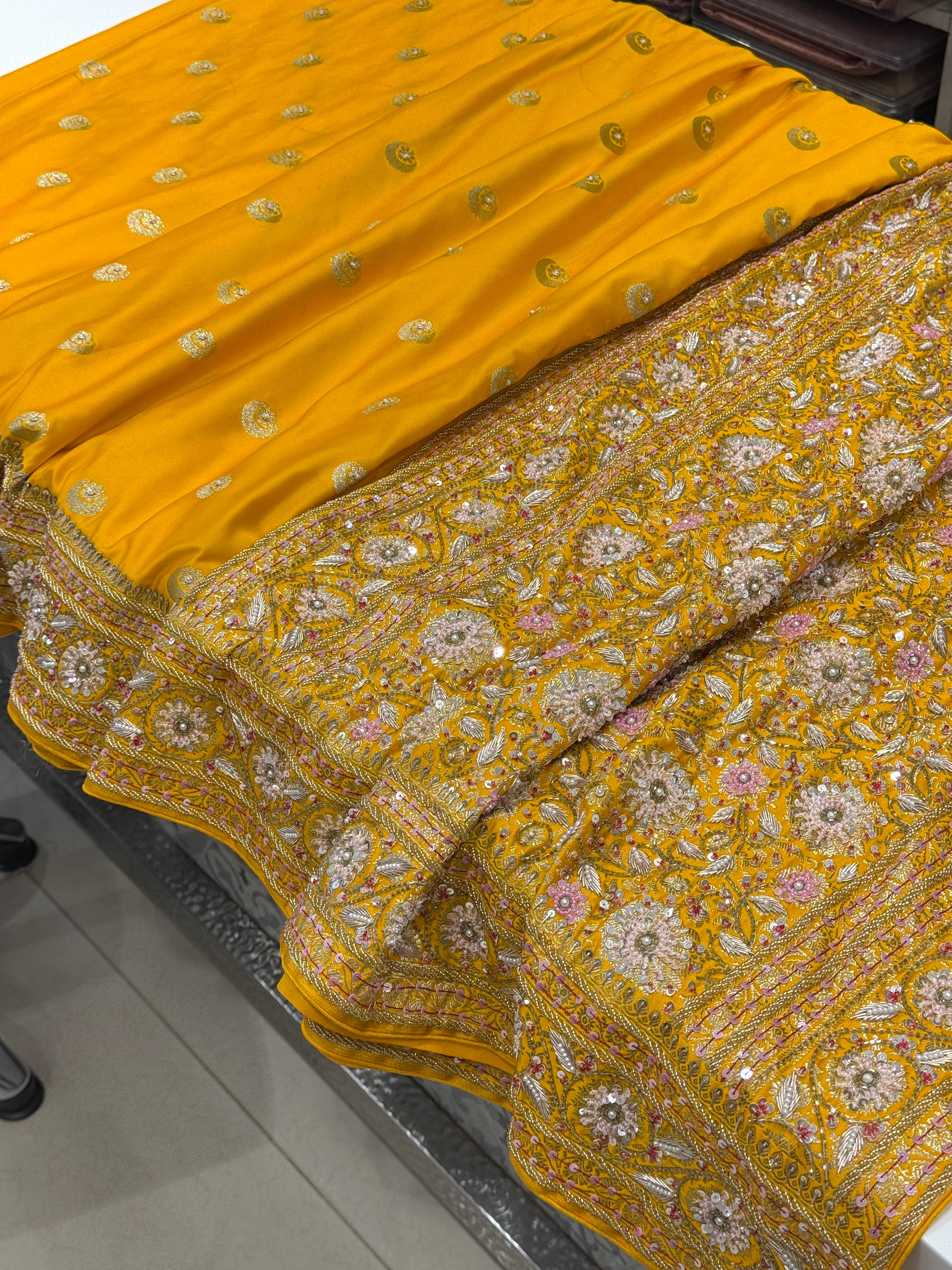 Yellow Banarasi Chand Butti Moti Zardosi Fancy Hand Embroidery Saree