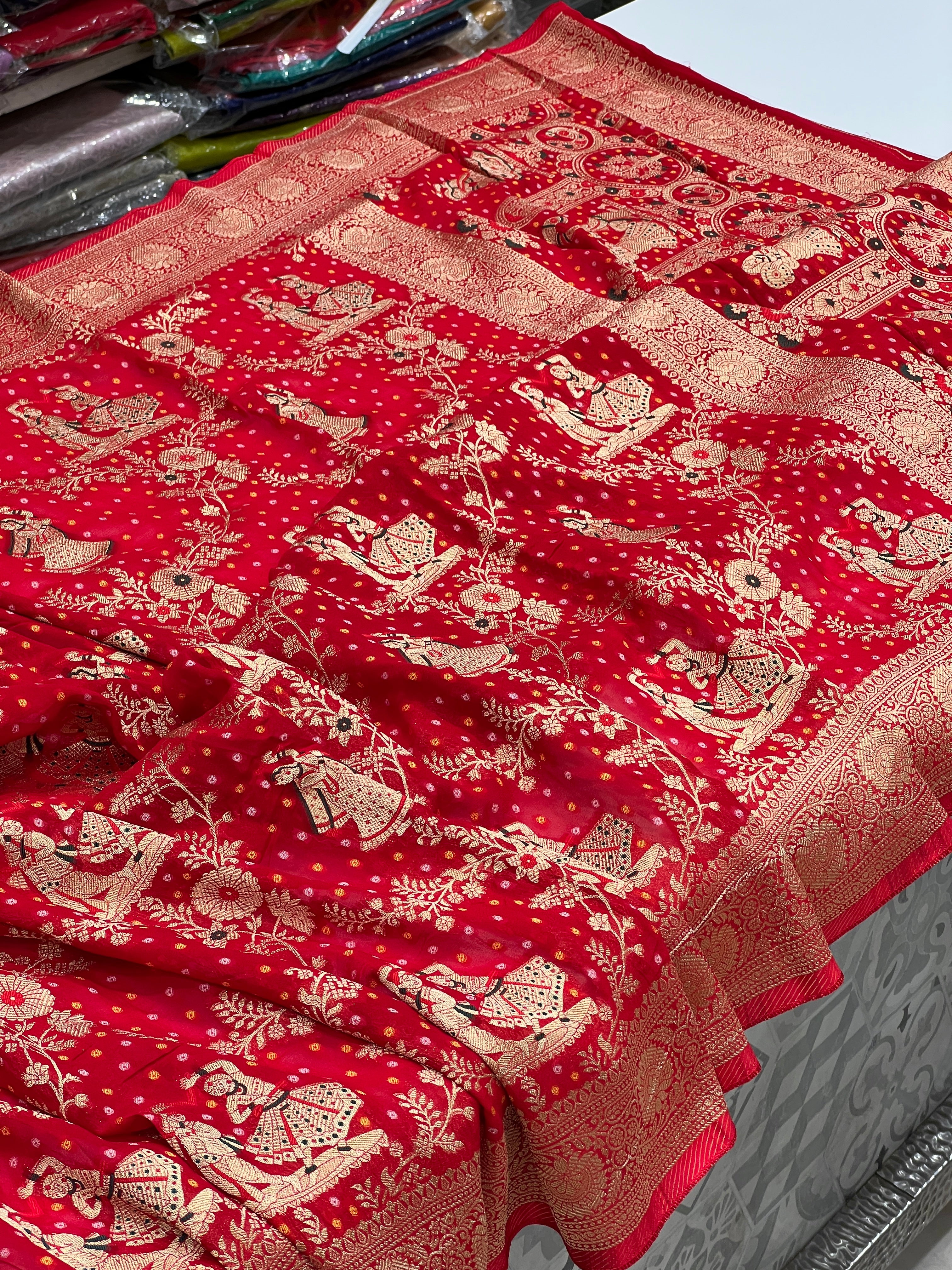Red Dancing Doll Georgette Woven Bandhej Saree
