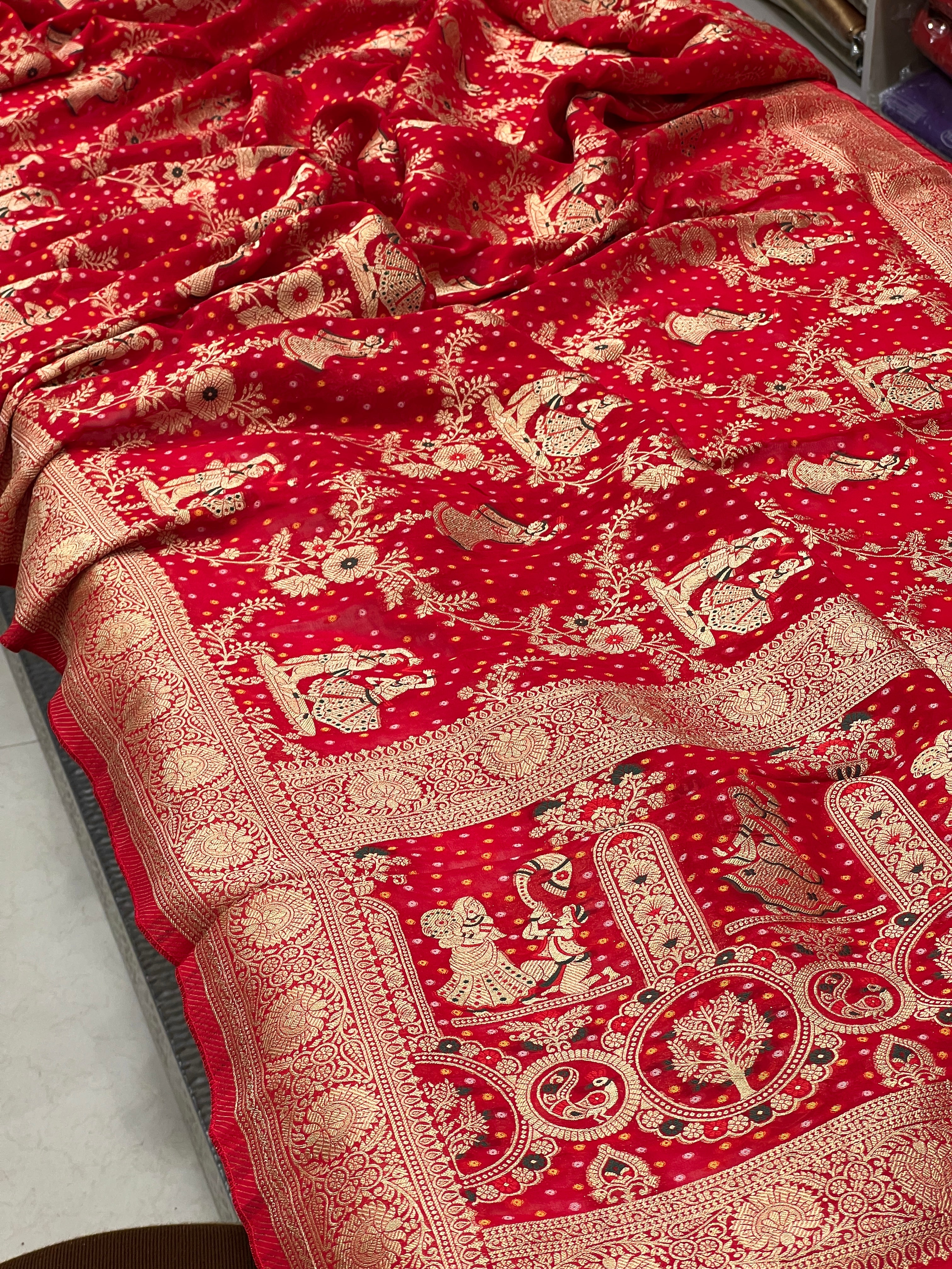 Red Dancing Doll Georgette Woven Bandhej Saree