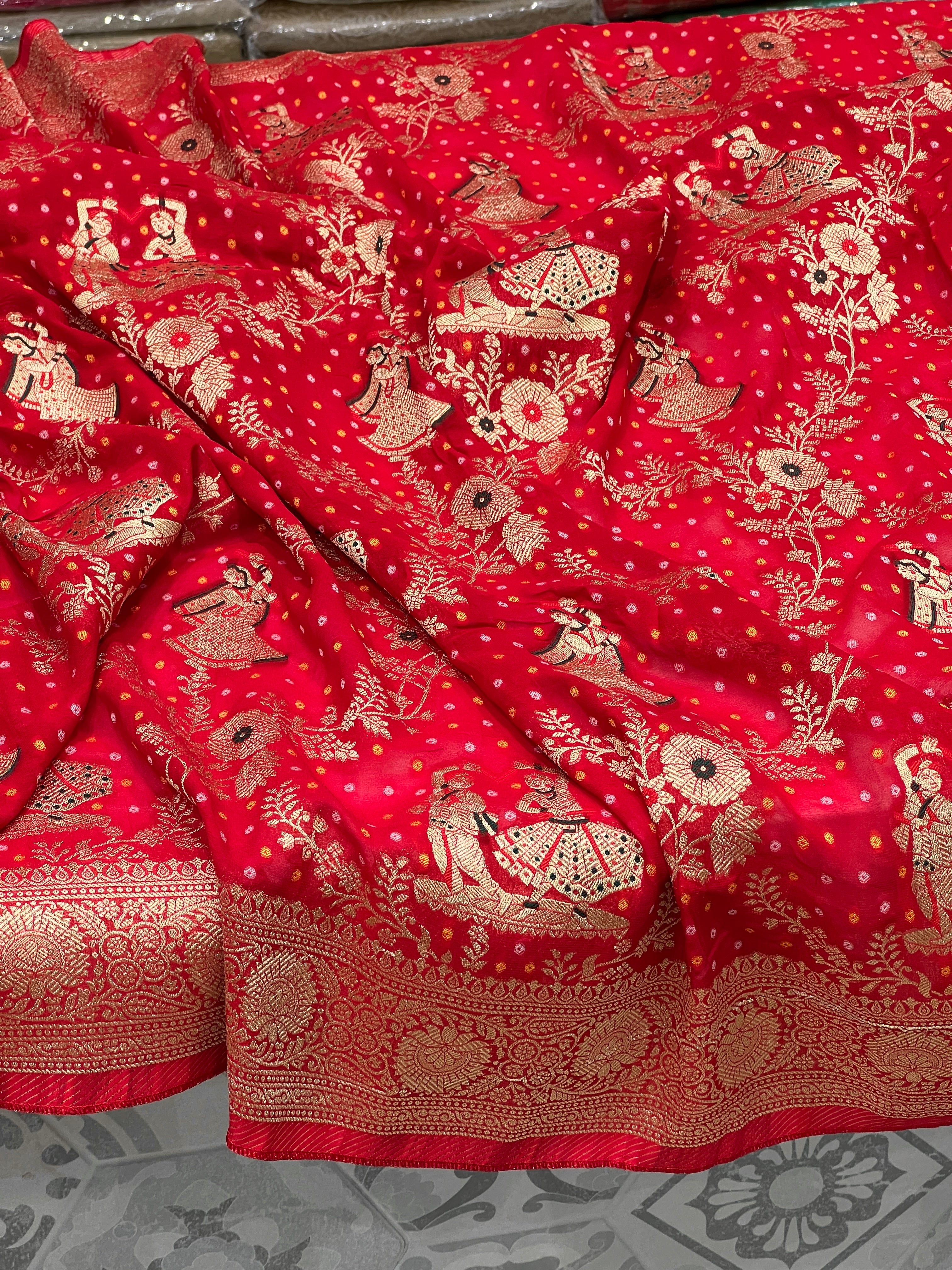 Red Dancing Doll Georgette Woven Bandhej Saree