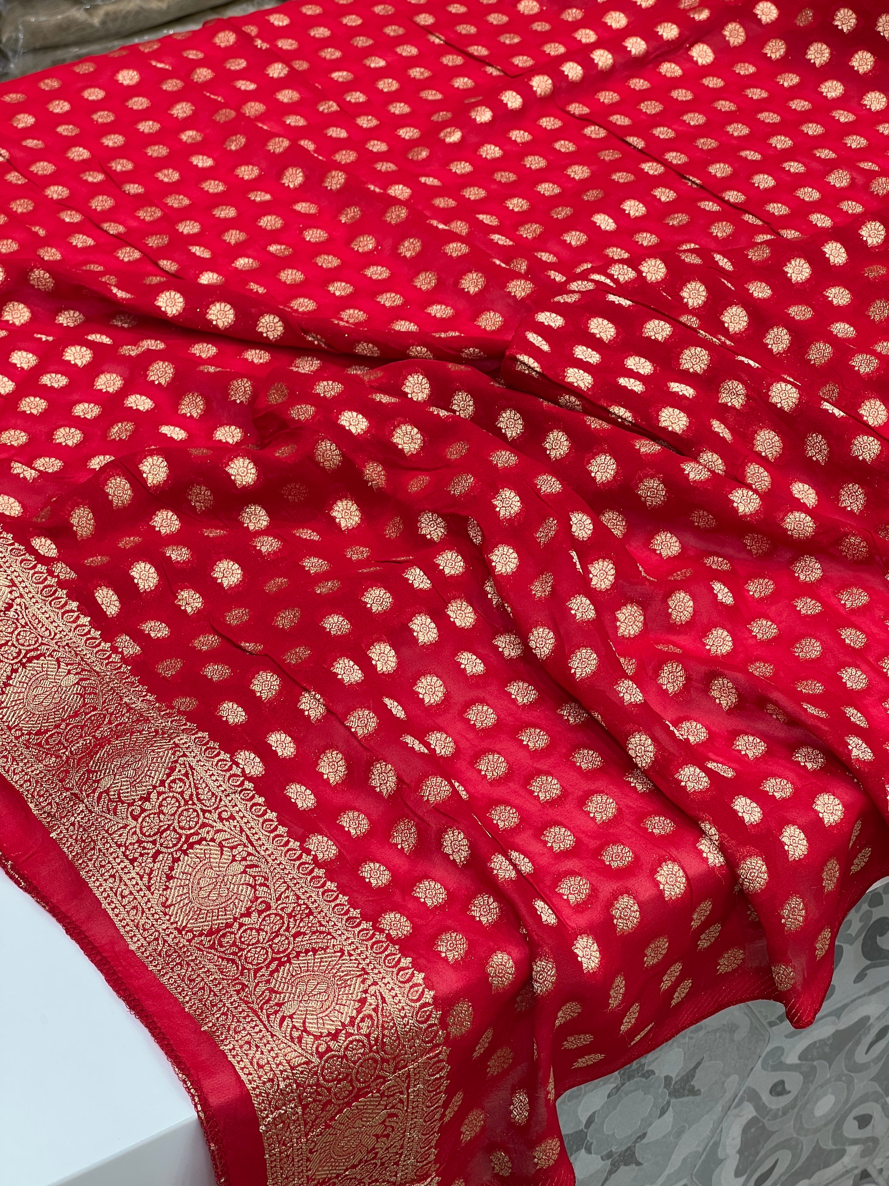 Red Dancing Doll Georgette Woven Bandhej Saree
