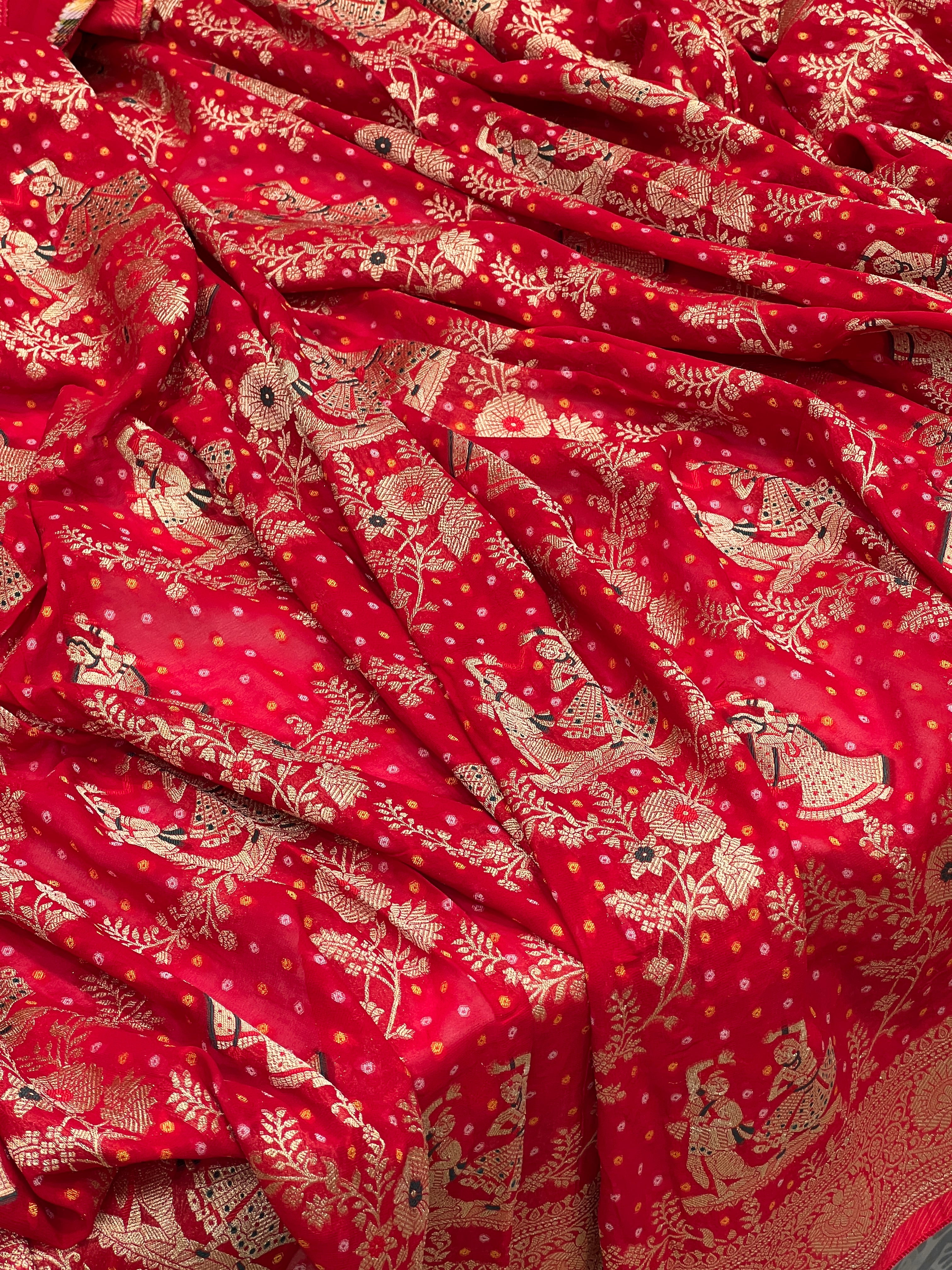 Red Dancing Doll Georgette Woven Bandhej Saree