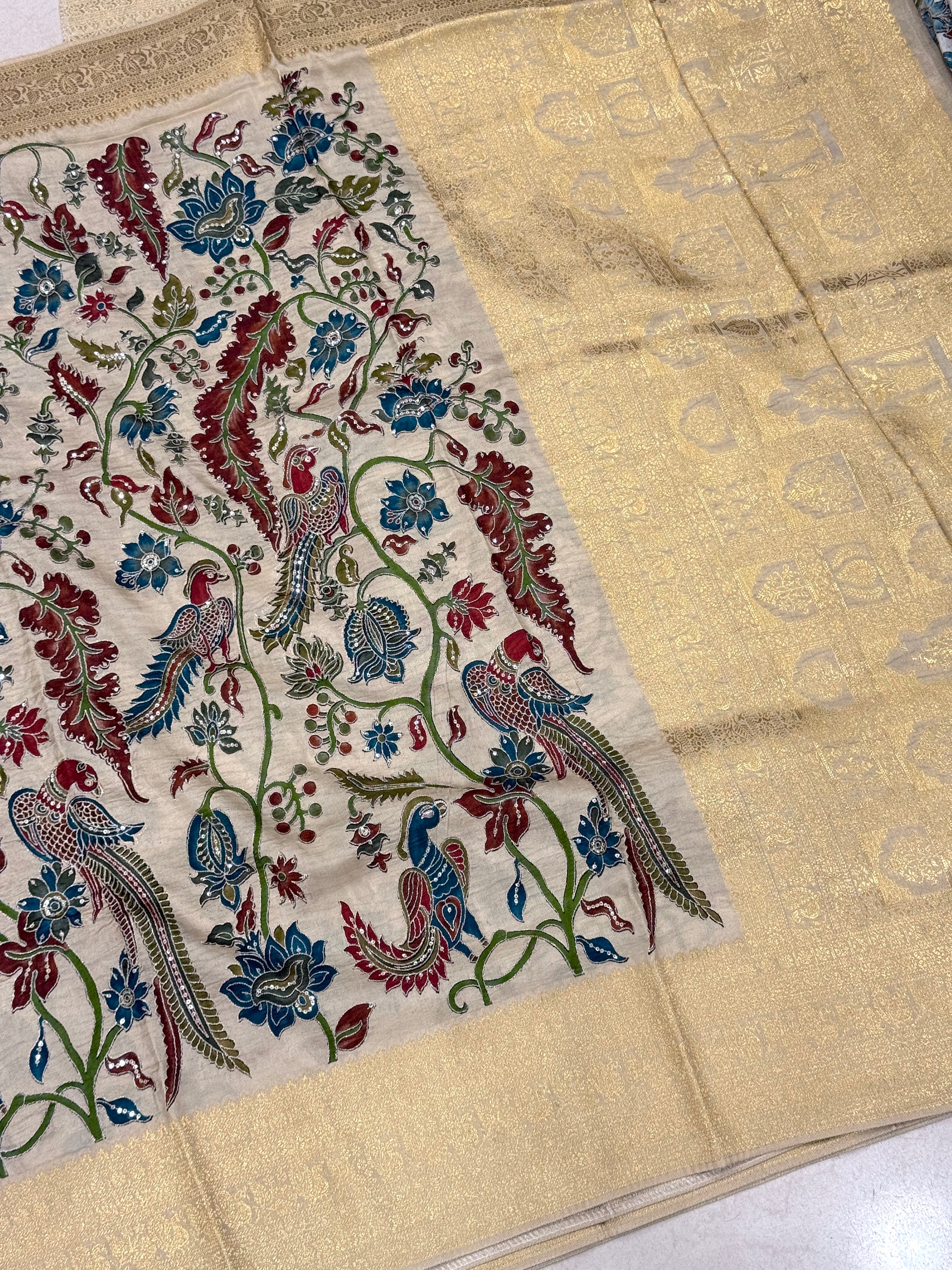 Beige Munga Silk Kalamkari Saree