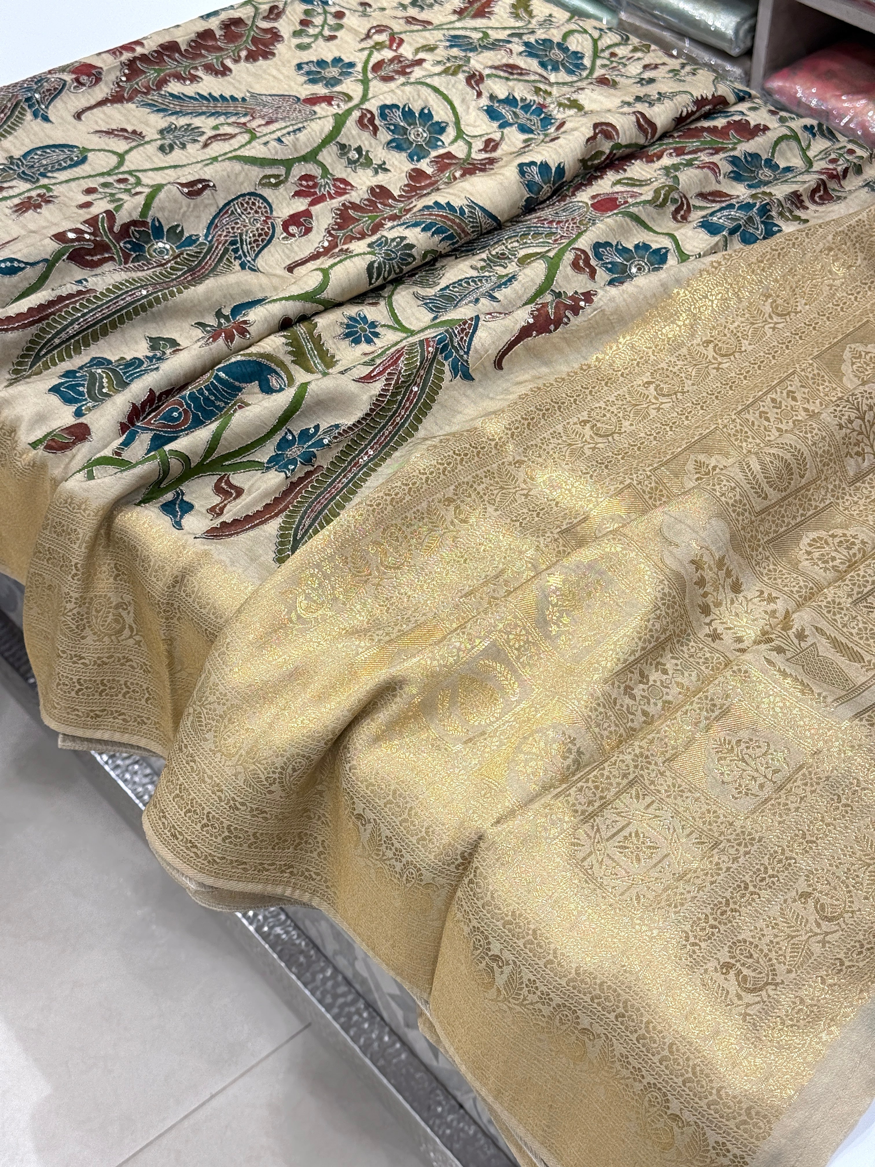 Beige Munga Silk Kalamkari Saree