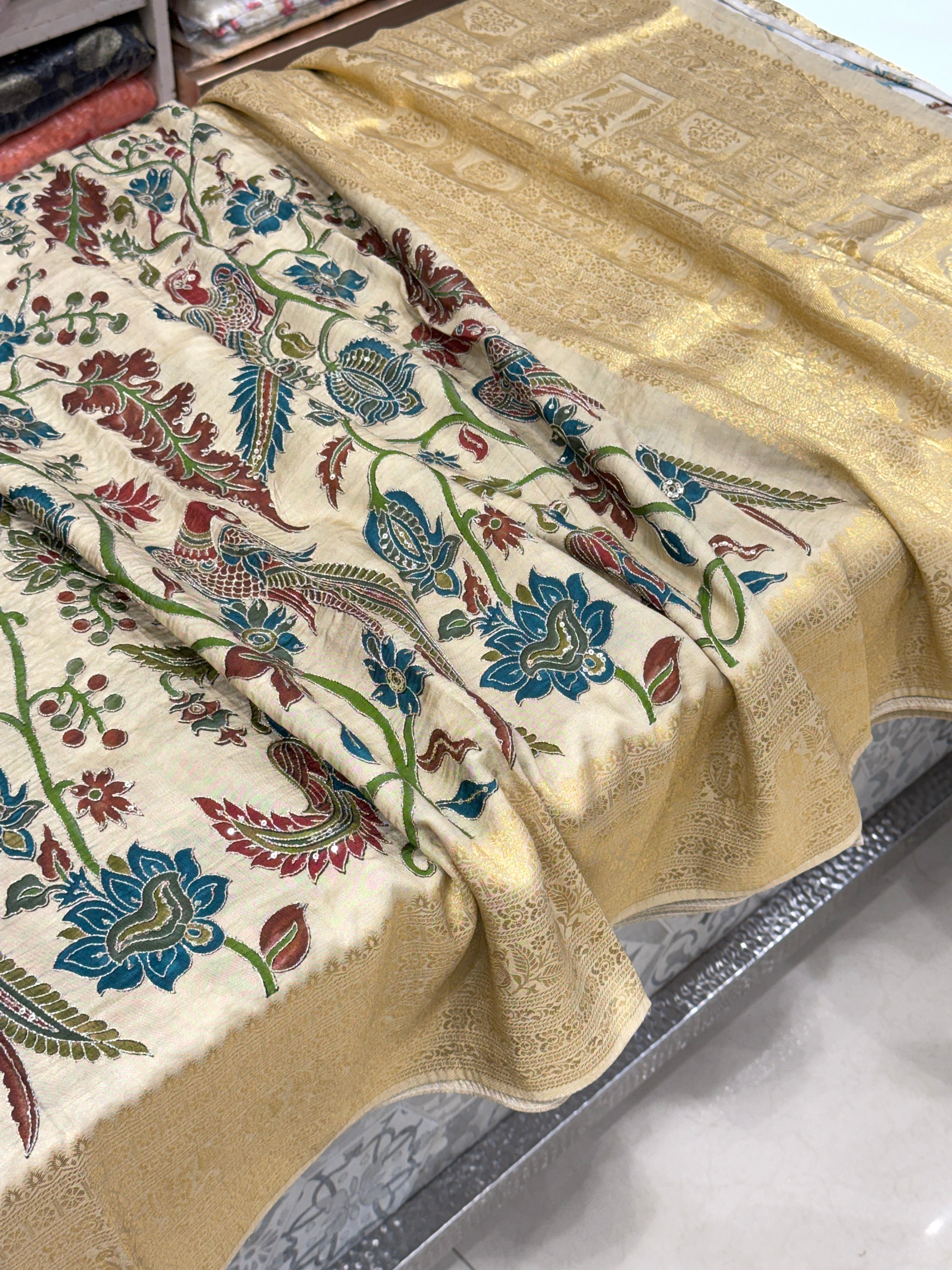 Beige Munga Silk Kalamkari Saree