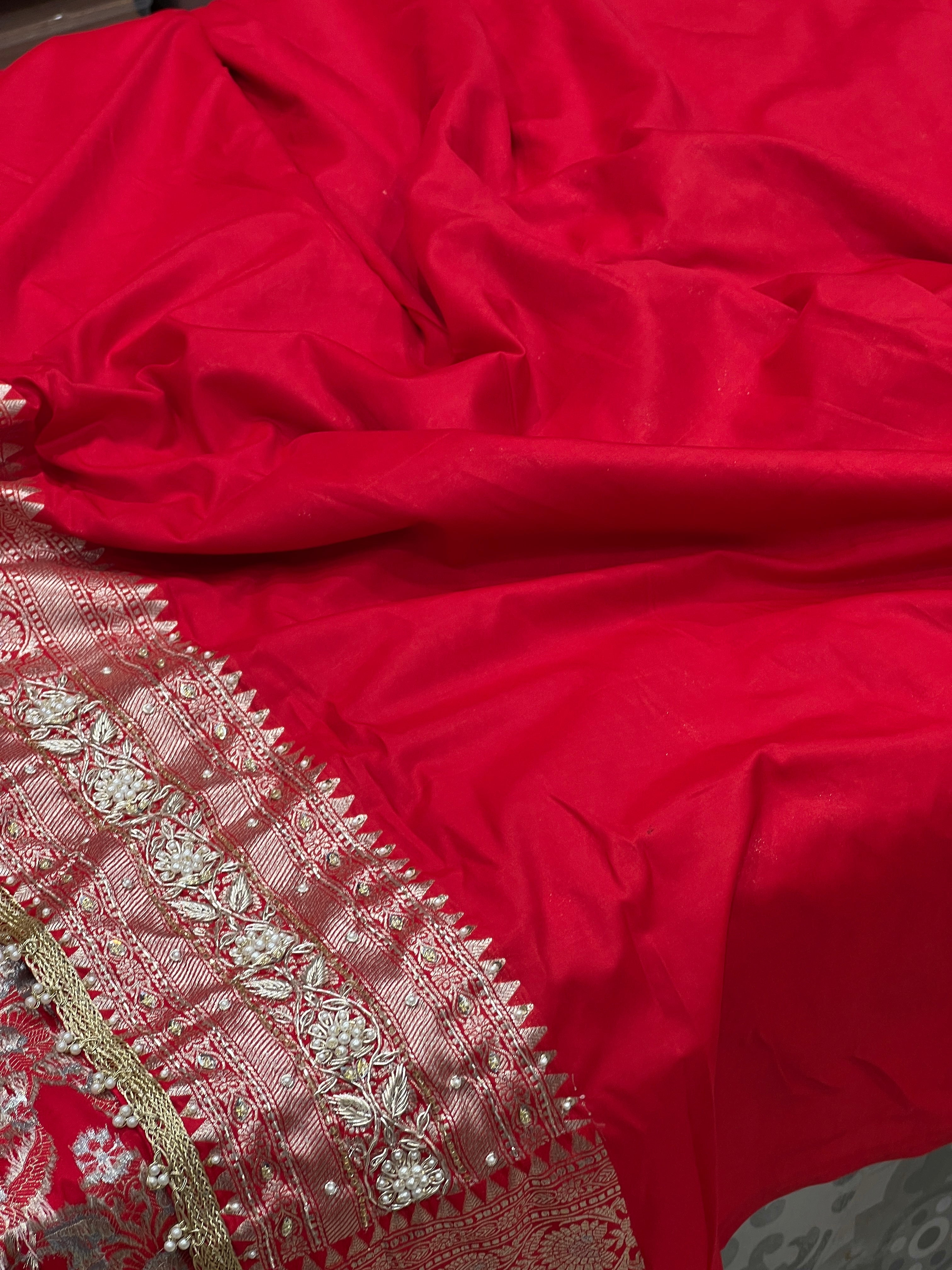 Red Katan Moti Zardozi Hand Embroidery Sare