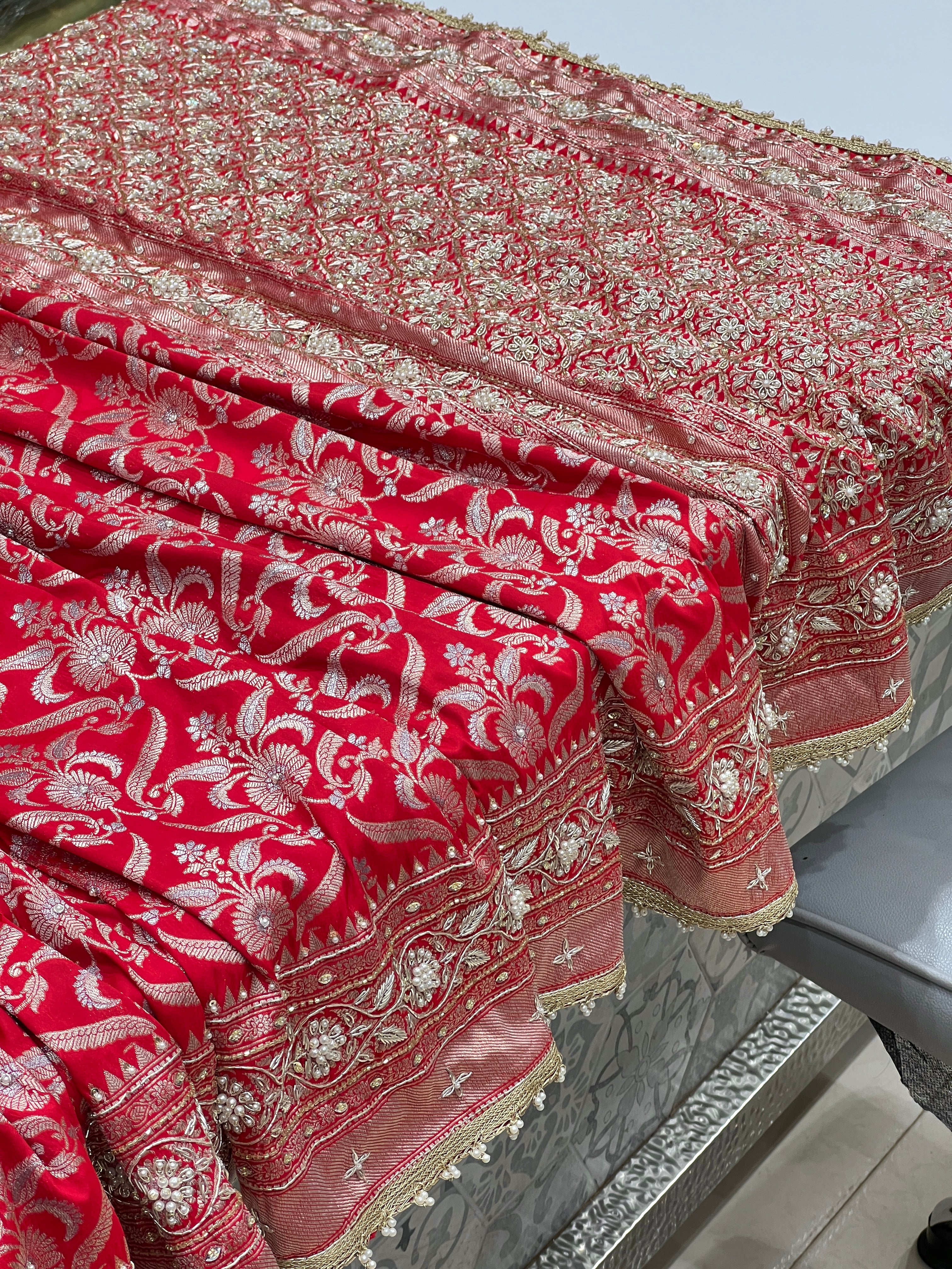 Red Katan Moti Zardozi Hand Embroidery Sare