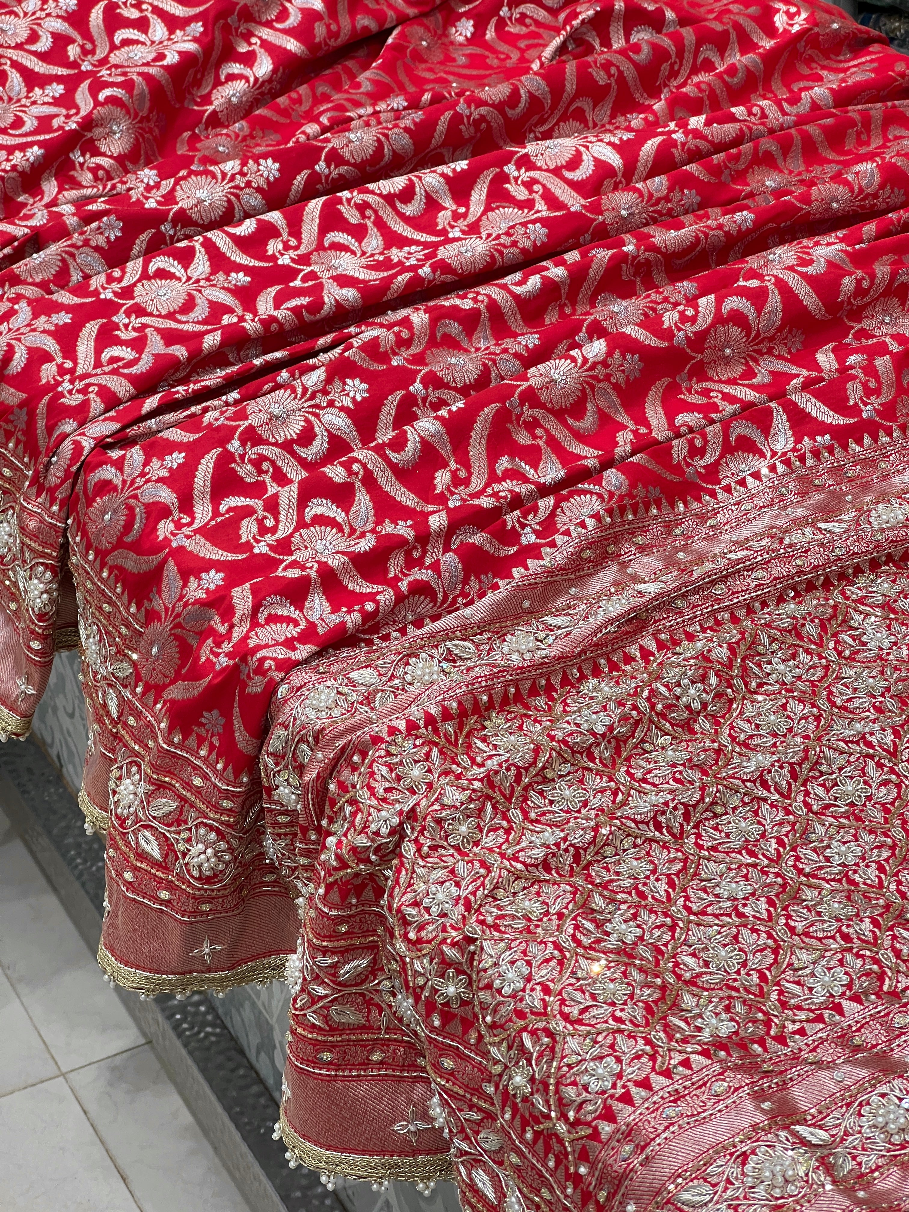 Red Katan Moti Zardozi Hand Embroidery Sare