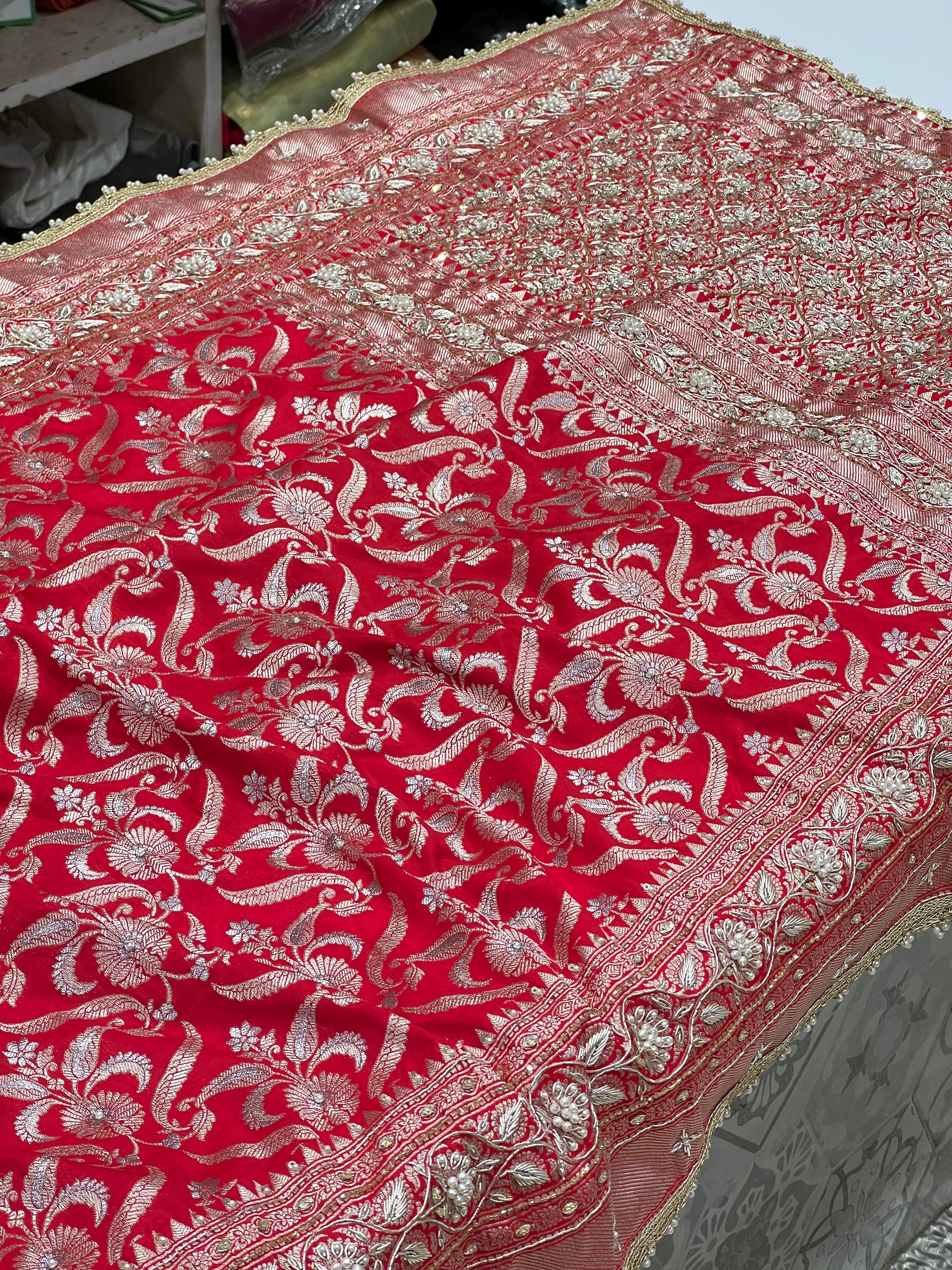 Red Katan Moti Zardozi Hand Embroidery Sare