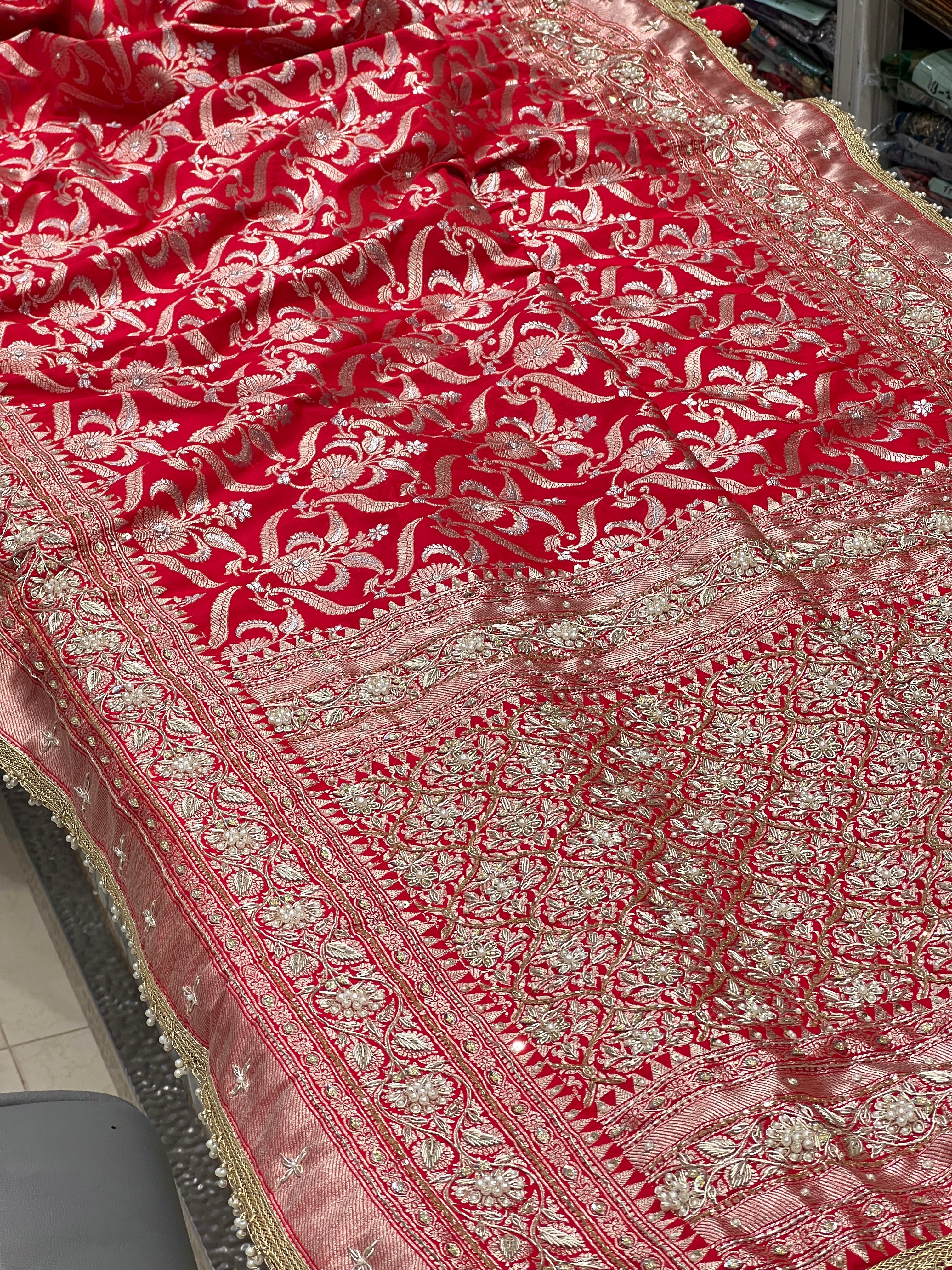 Red Katan Moti Zardozi Hand Embroidery Sare