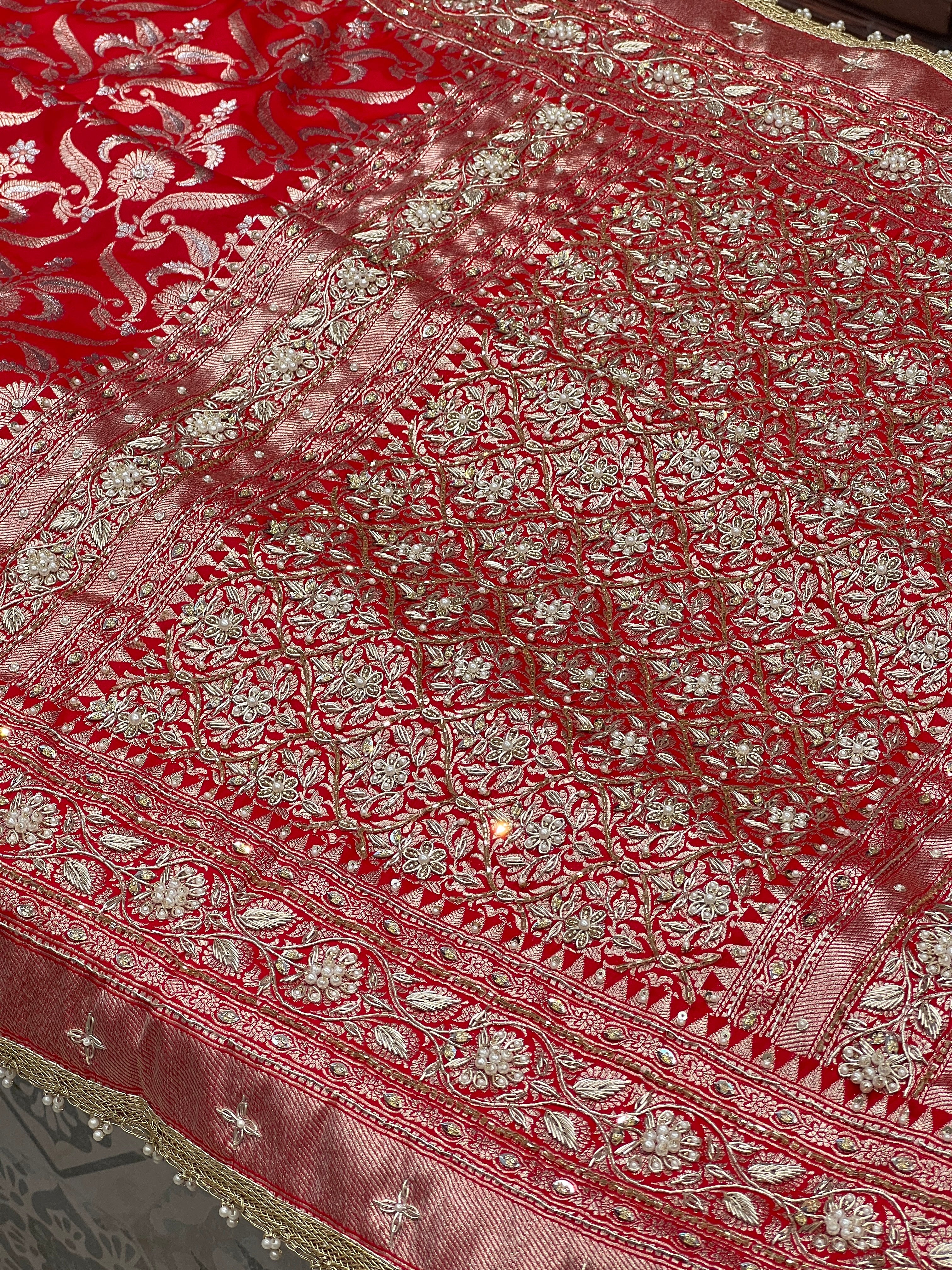 Red Katan Moti Zardozi Hand Embroidery Sare