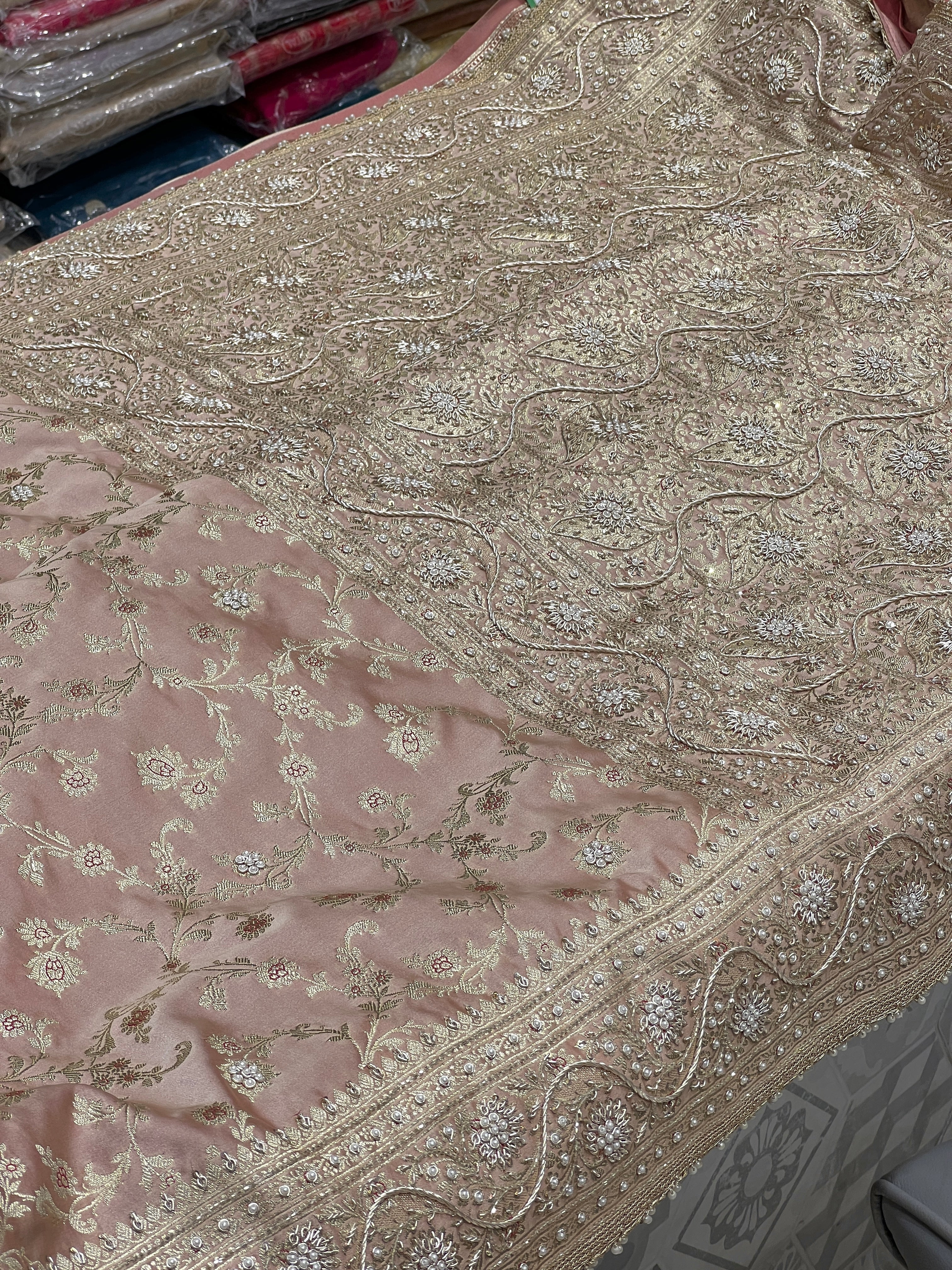 Peach Brown Banarasi Upside Down Zardozi Embroidery Saree