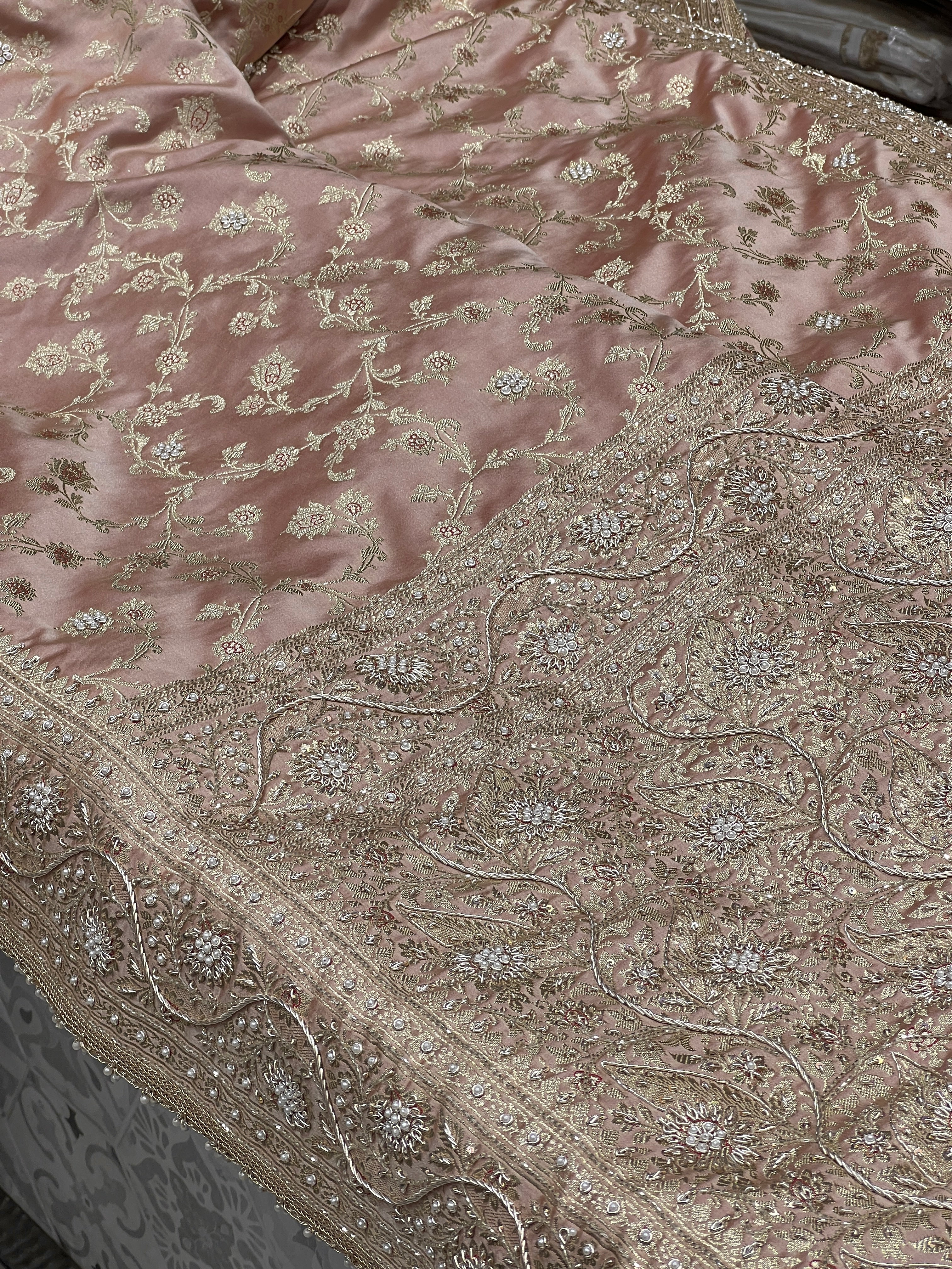 Peach Brown Banarasi Upside Down Zardozi Embroidery Saree