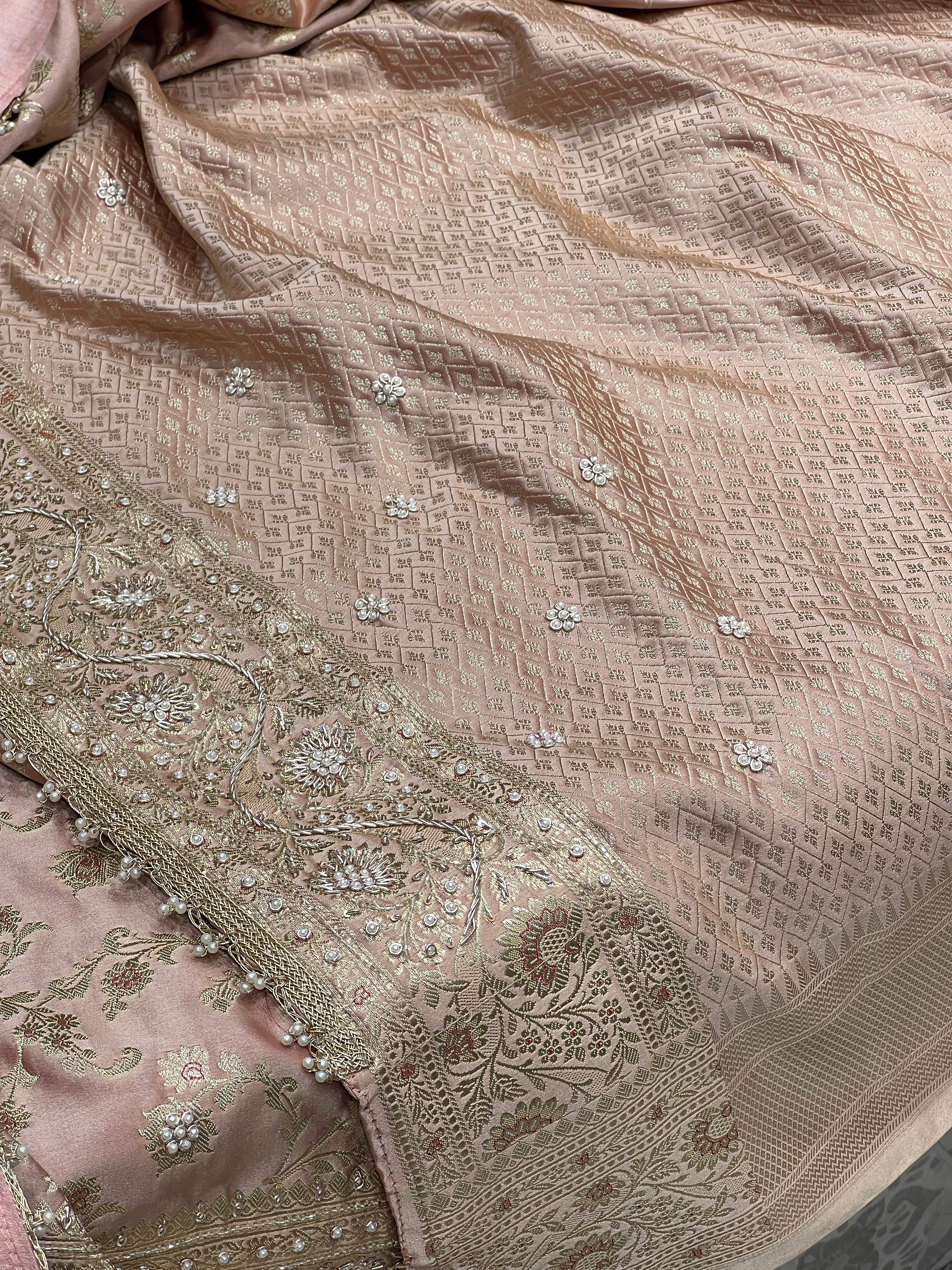 Peach Brown Banarasi Upside Down Zardozi Embroidery Saree