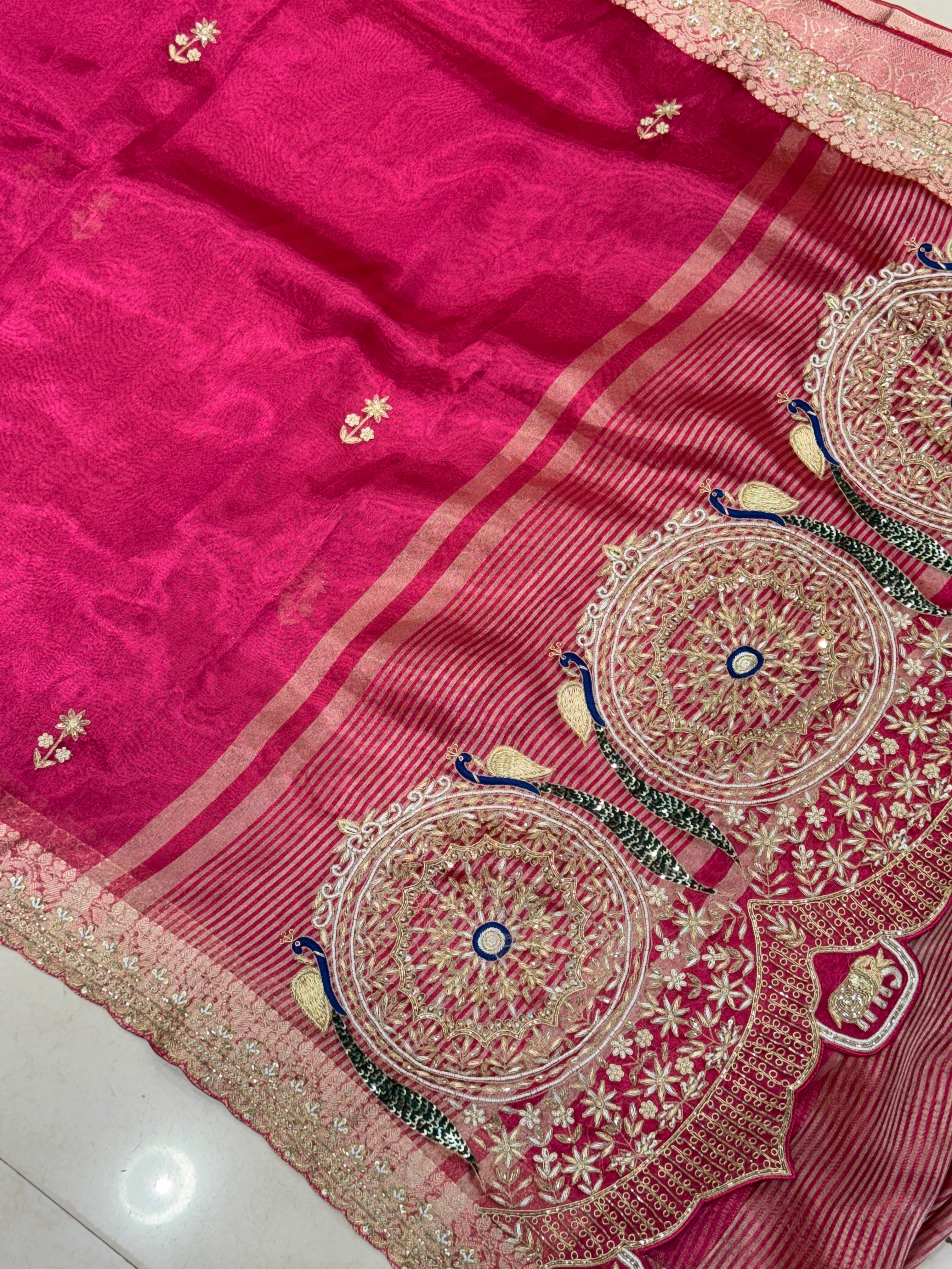 Rani Pink Organza Zardozi Peacock Pallu Saree