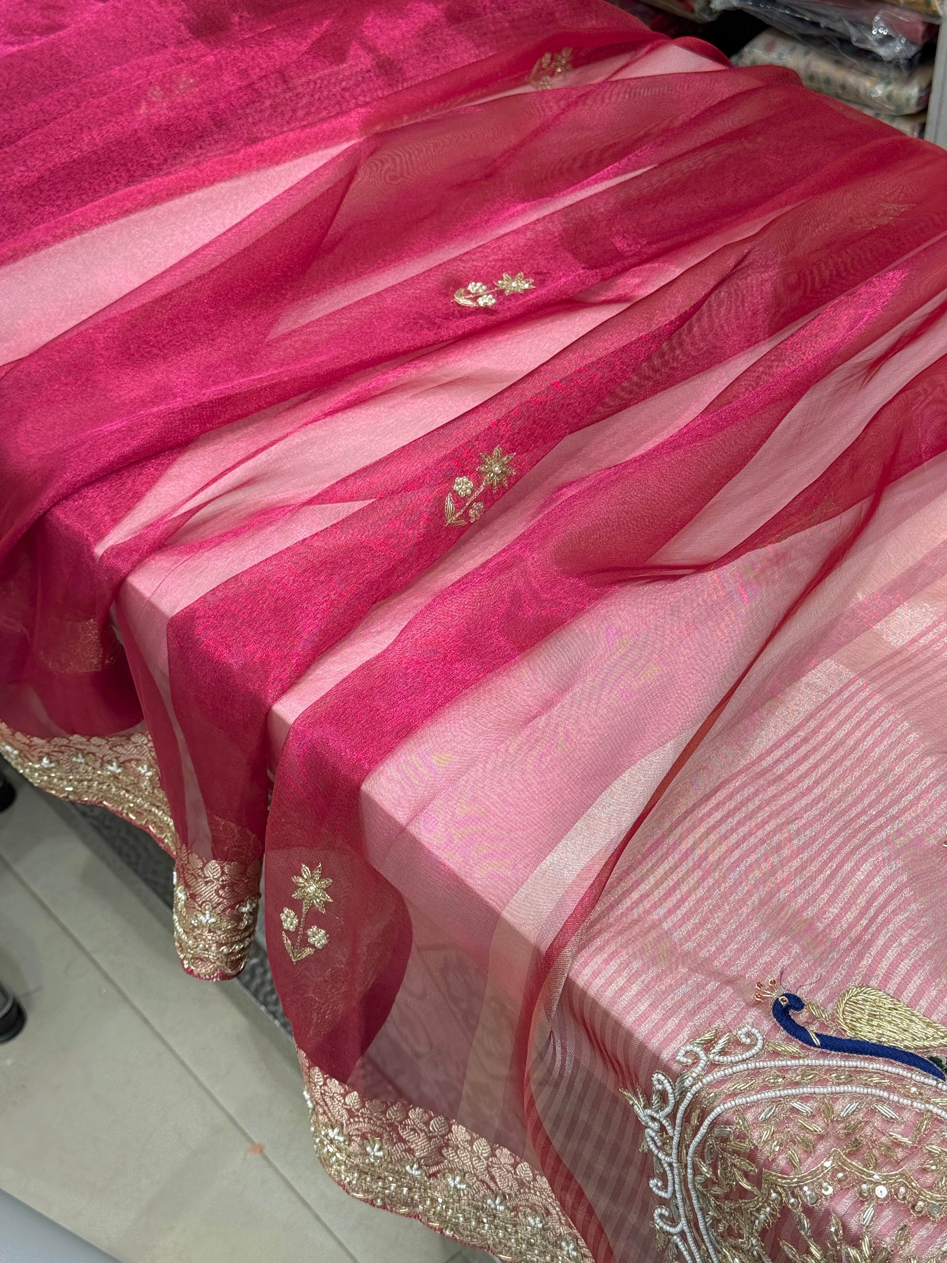 Rani Pink Organza Zardozi Peacock Pallu Saree
